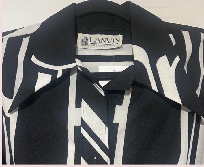 LANVIN VINTAGE BLACK ,WHITE MOD DRESS LONG SLEEVE Le Grand Strip Dagger CoLLAR