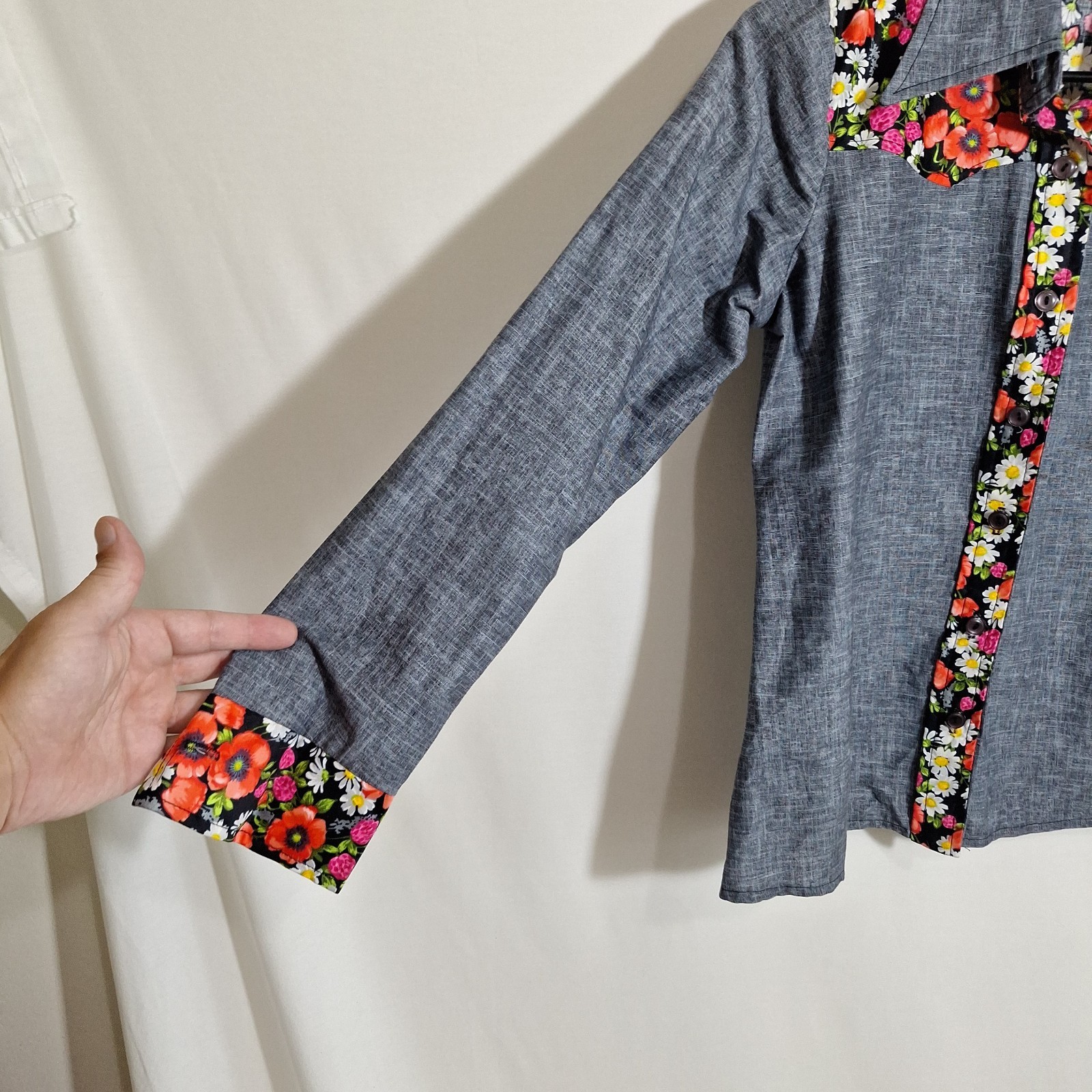Vintage 70s Chambray Western Shirt Women S Floral Contrast Yoke Cotton Cowgirl