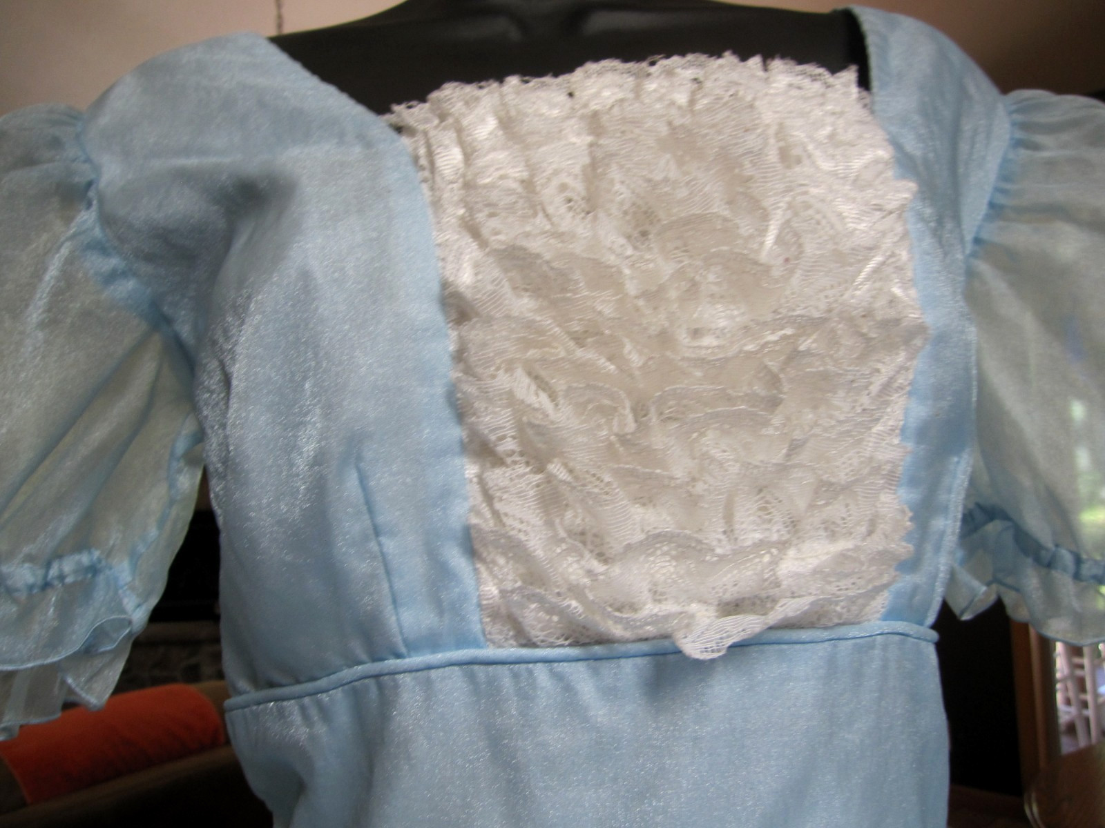 Vtg SQUARE DANCE PRAIRIE DRESS Blue Organza Ruffles Rows of White Lace Sz 12/14