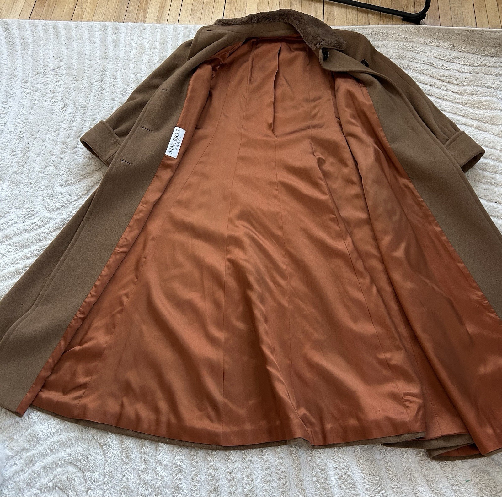 Nina Ricci Vintage 80s Camel Wool and Cashmere Blend Coat With Plush Collar