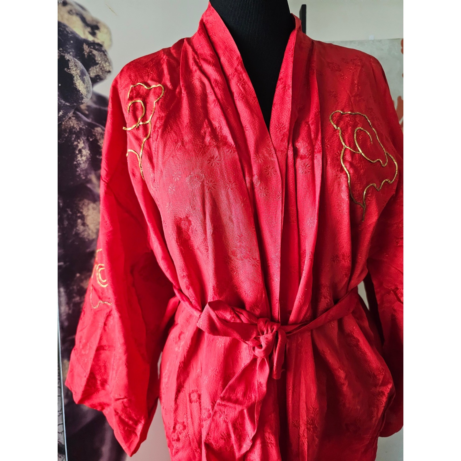 Vintage Red Satin Kimono Robe Gold Dragon Embroidery Long Loungewear Dress