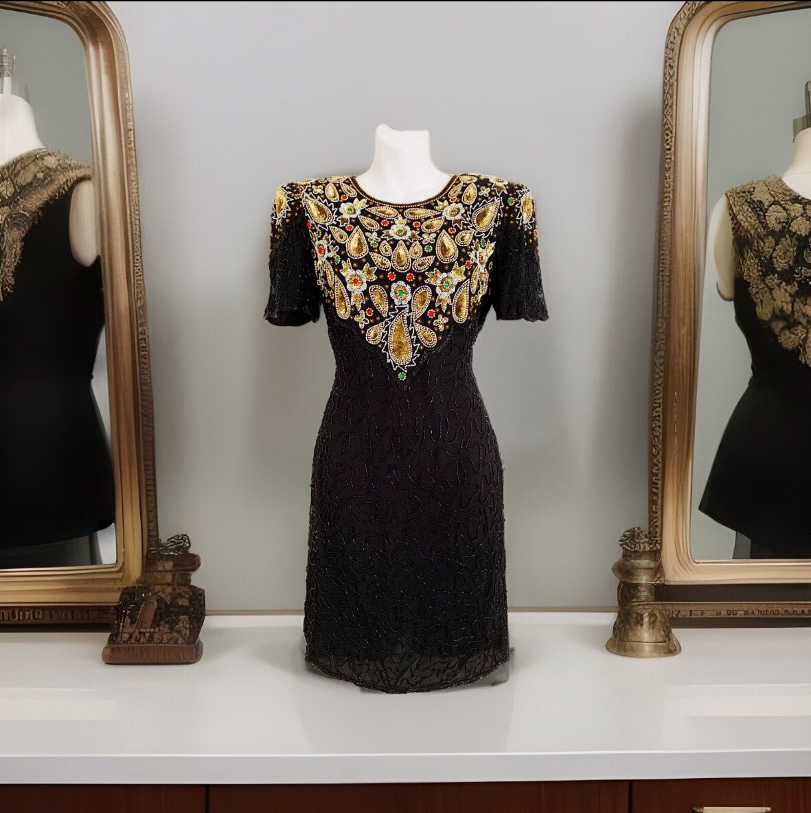Vtg LAURENCE KAZAR Silk Dress Regency PS Black Beaded Short Sleeve Old Money NEW