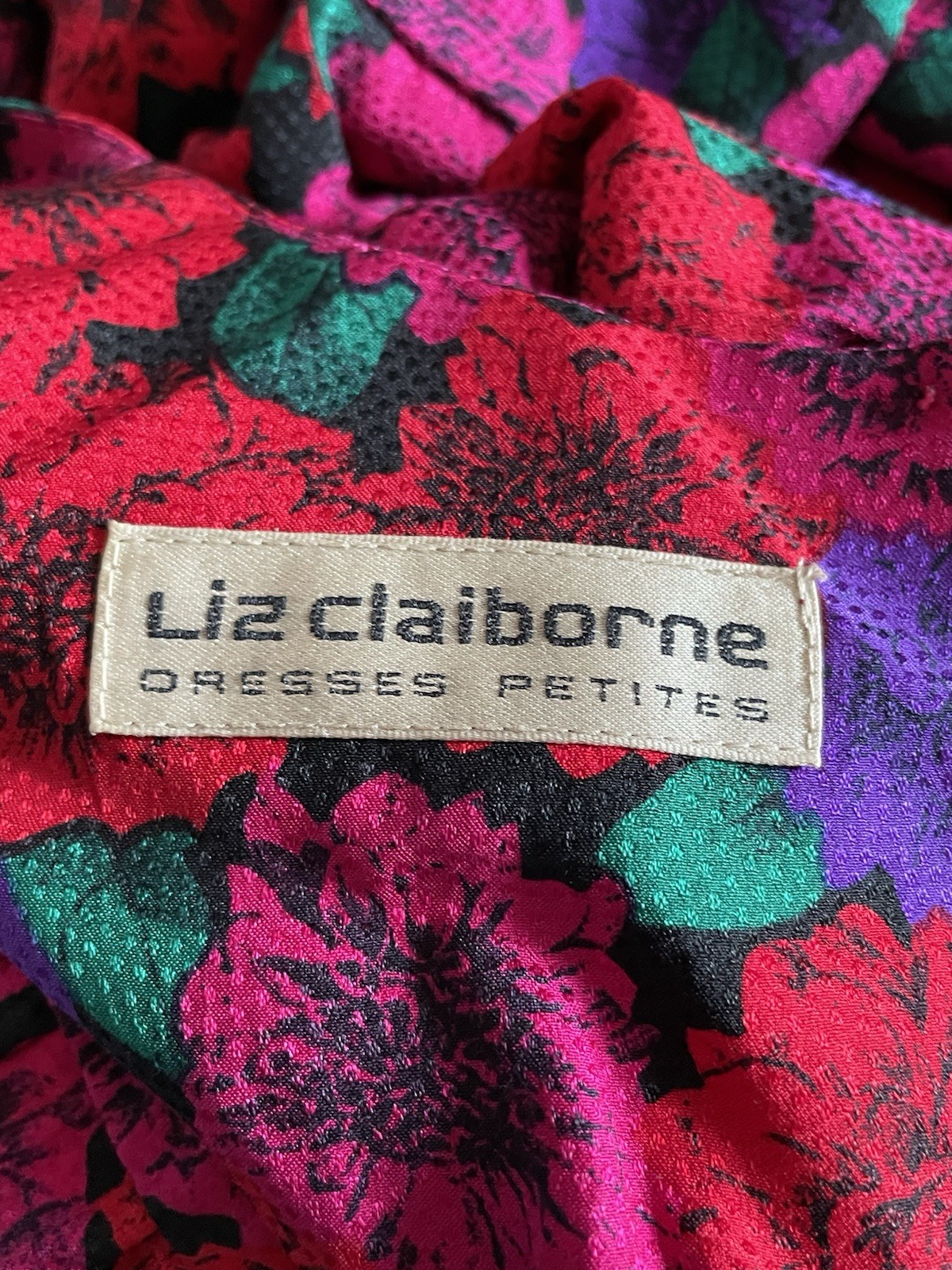 Vintage 80s Liz Claiborne Silk Floral Dress 12 P Pink Red Purple Drop Waist Sash