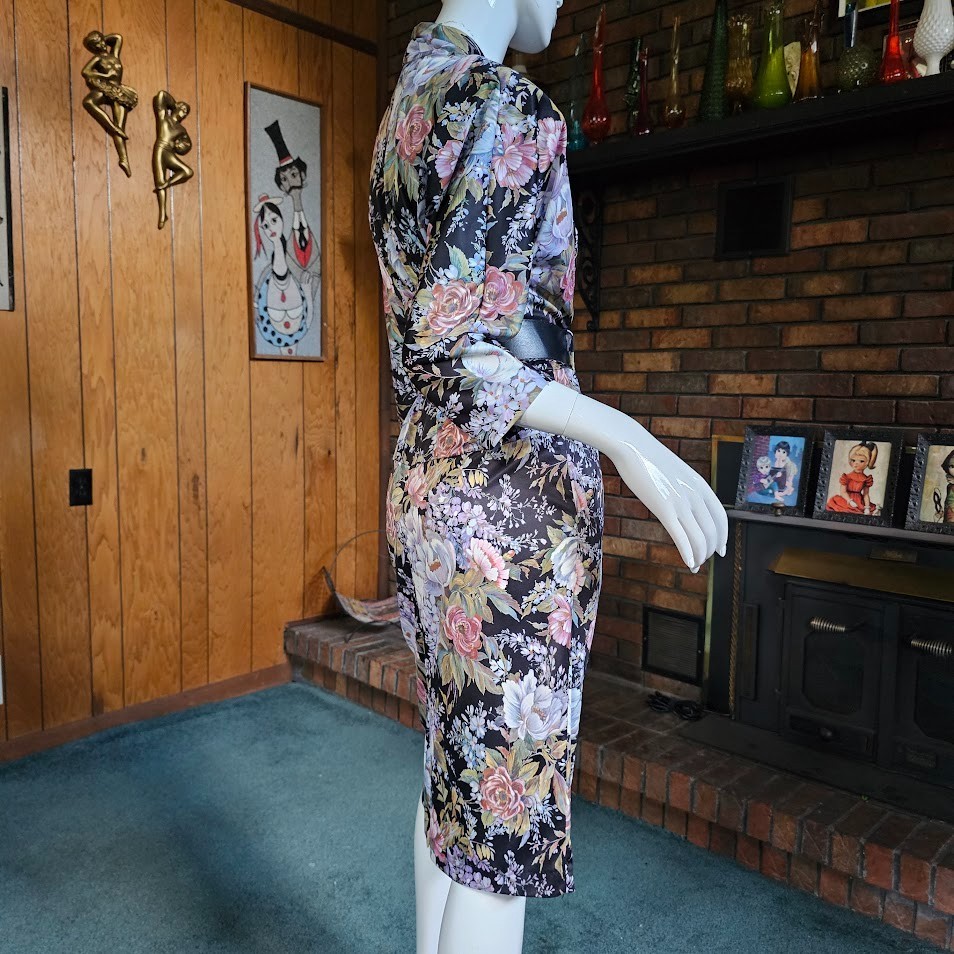 Vtg 80s Romantic Photo Impressionist Floral Surplice Belted Wiggle Day Dress M/L