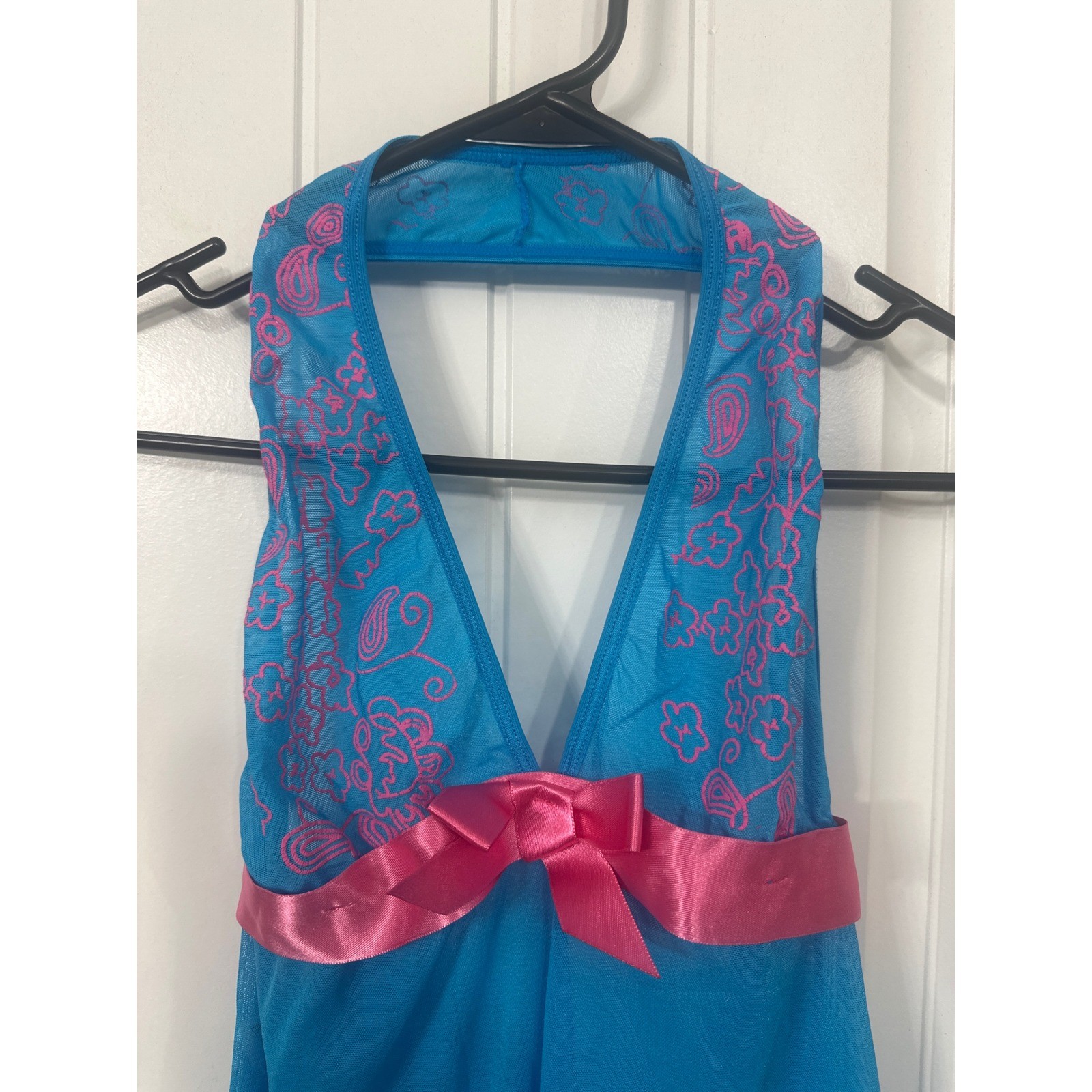 Espirial Lingerie Bright Blue Pink Floral Mesh Halter Babydoll Chemise Nightie