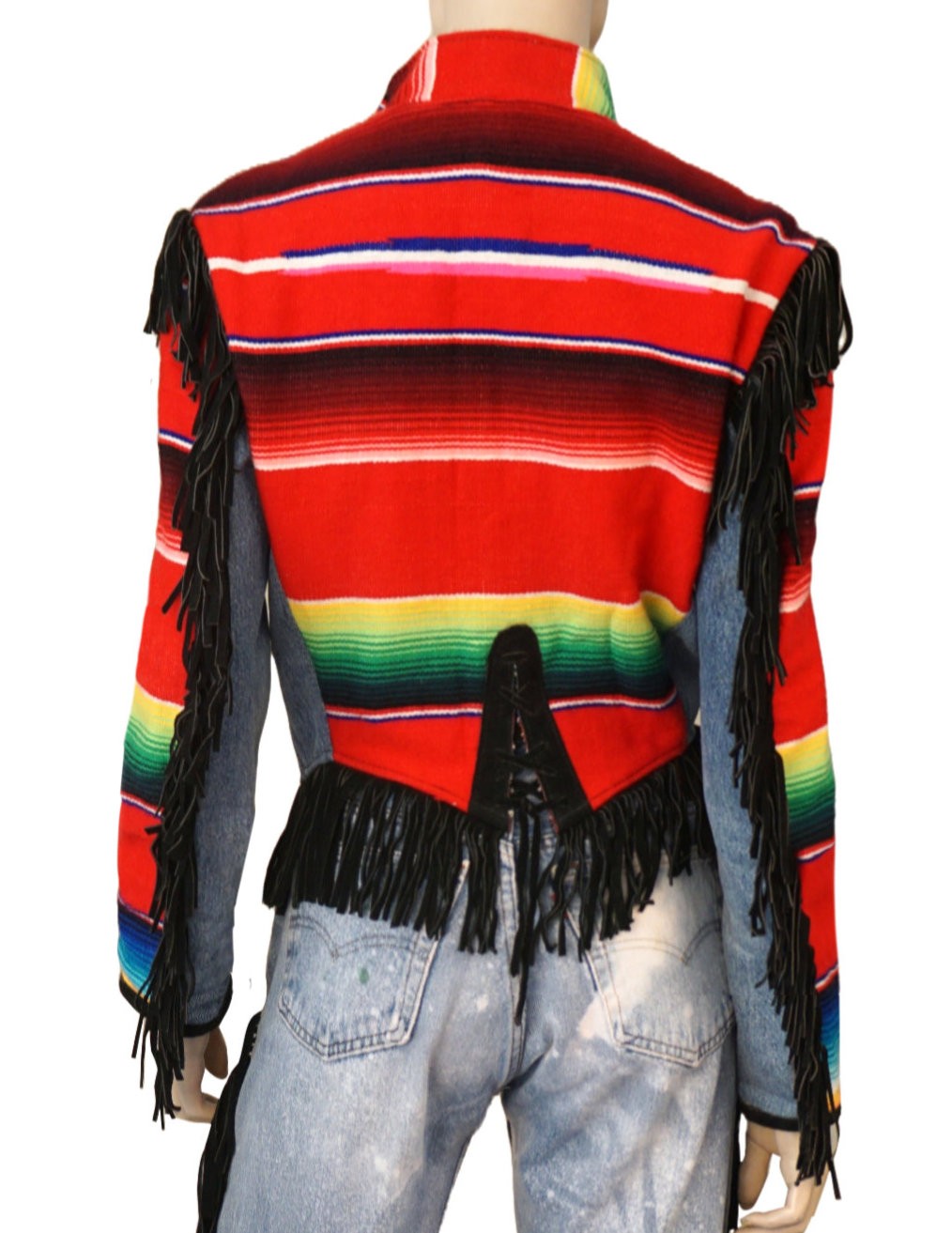 VINTAGE 80s Reworked Levi’s Jacket Sml Jeans Med Leather Fringe Mexican Blanket