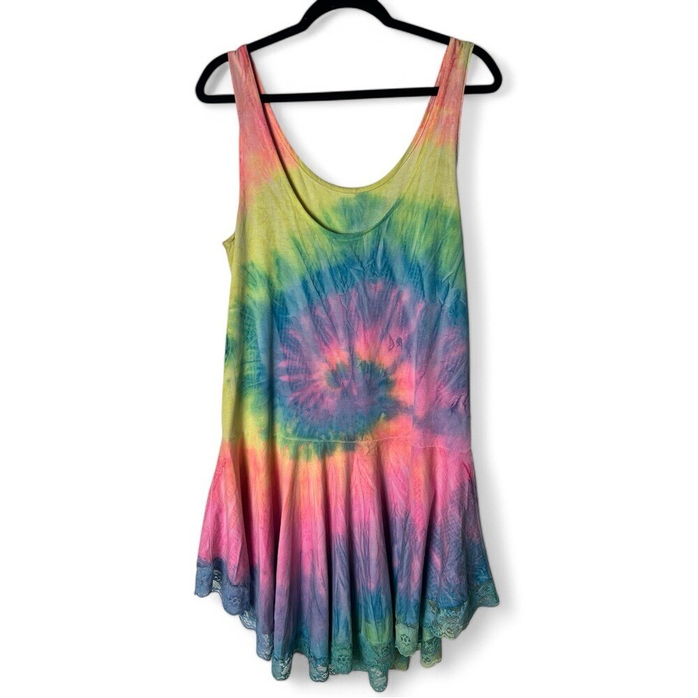 InGear – Women’s Vintage Neon Tie Dye Swing Dress Belted Lace Hem 90s – Sz. L