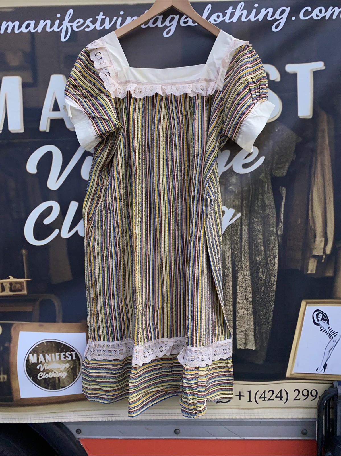 Vtg 1970’s Handmade Boho Prairie Style Pima Cotton Kaftan Dress W Lace M-XL
