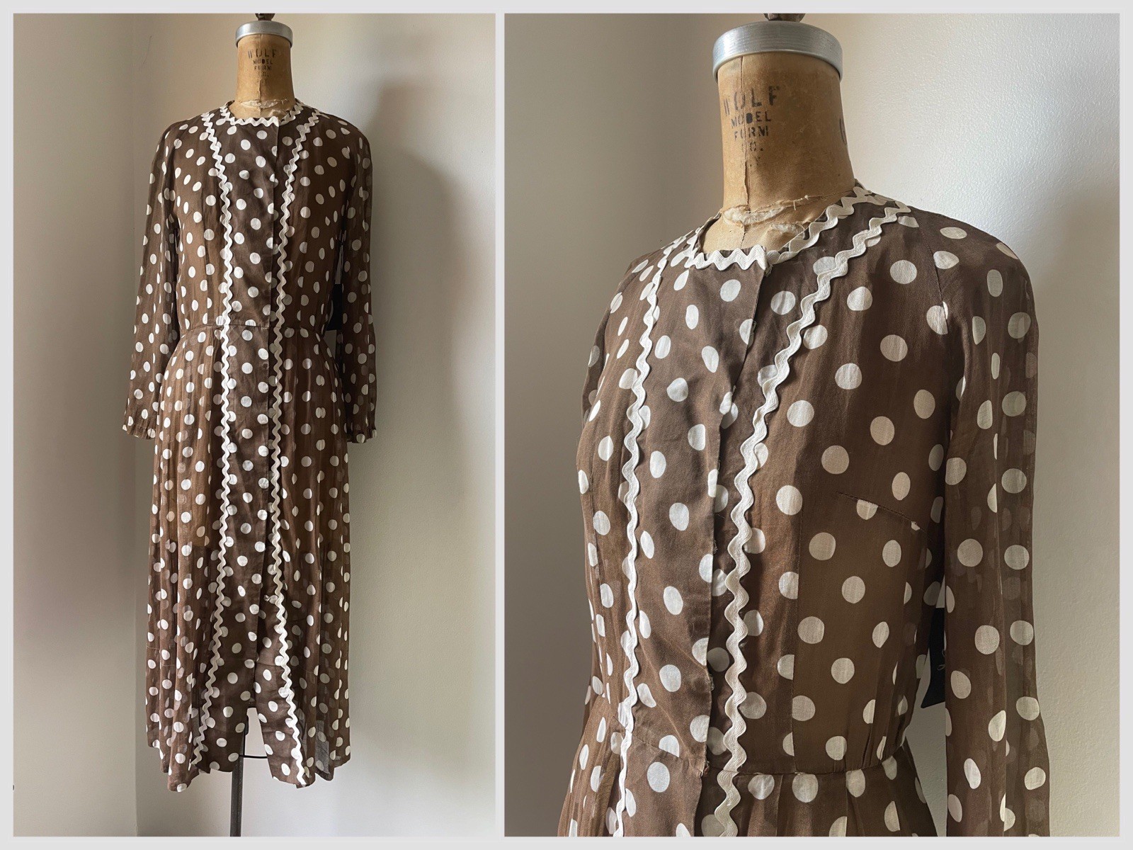 Vintage 1940’s Handmade Cocoa Polkadot Dress Clown Sheer Cotton Voile XS