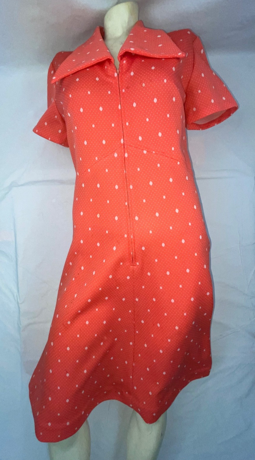VTG 60S 70S WOMENS M POLYESTER RED POLKA DOT DISCO RETRO MOD ZIP FRONT DRESS