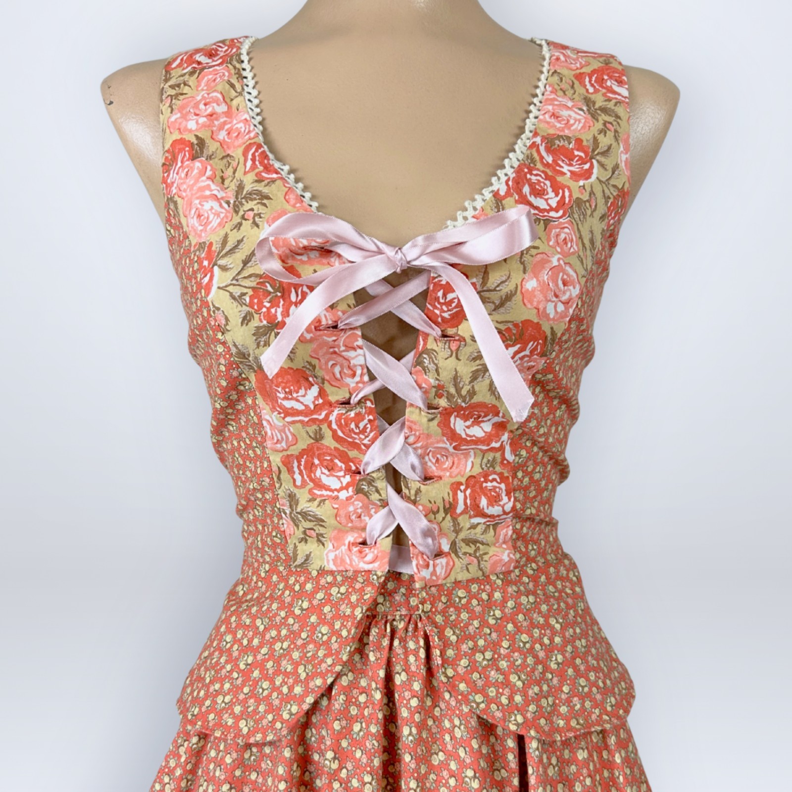 Rare Vintage 1970s Homespun Ltd Two-Piece Corset Top Skirt Set Prairie Calico