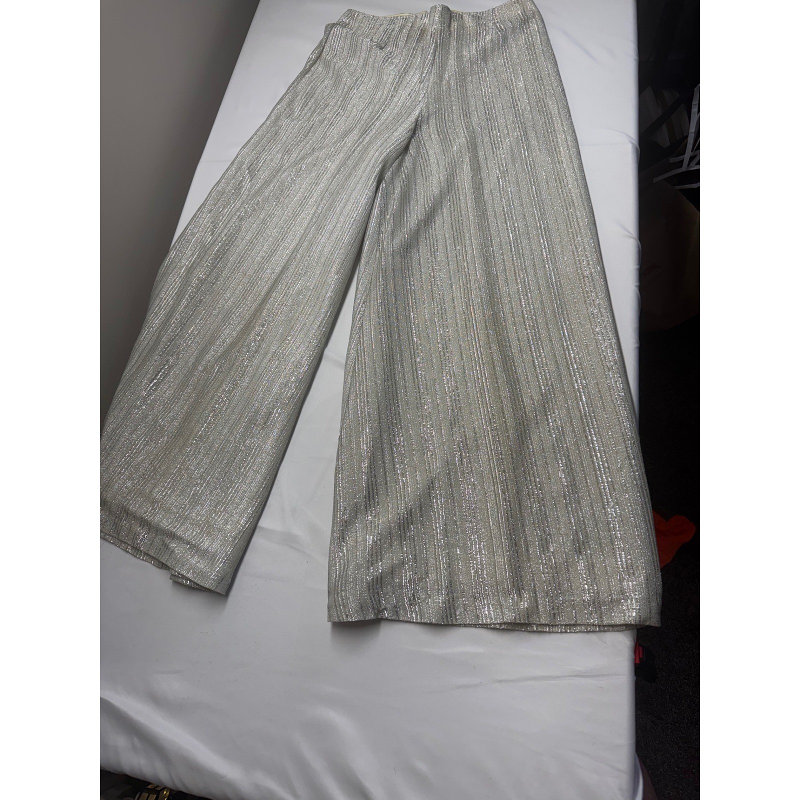 Vintage Evelyn Pearson Silver Metallic Wide Leg Palazzo Pants High Rise Disco L