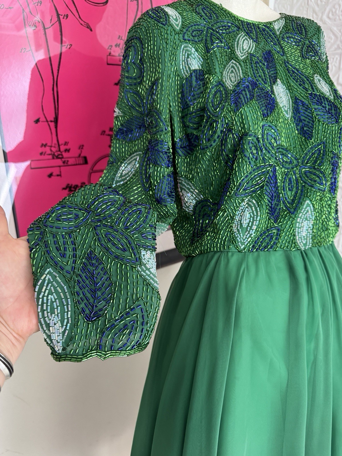 1980s Green Beaded Chiffon Cocktail Dress-Floral-Foliage-Glam-Hollywood-S/M