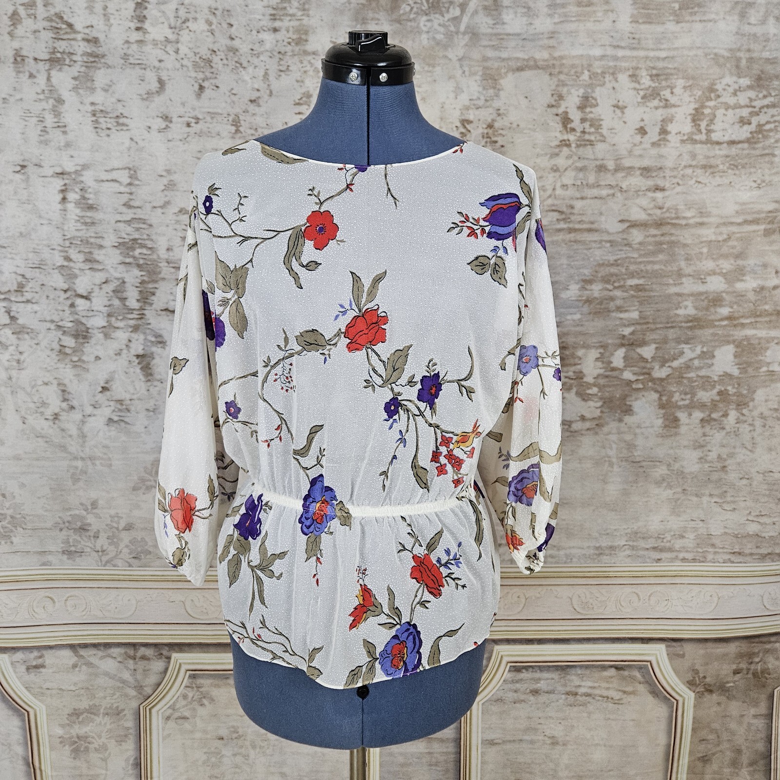 Vintage Sheer Blouse Small Floral Top Peplum 3/4 Sleeves Purple Red Ivory 1970s