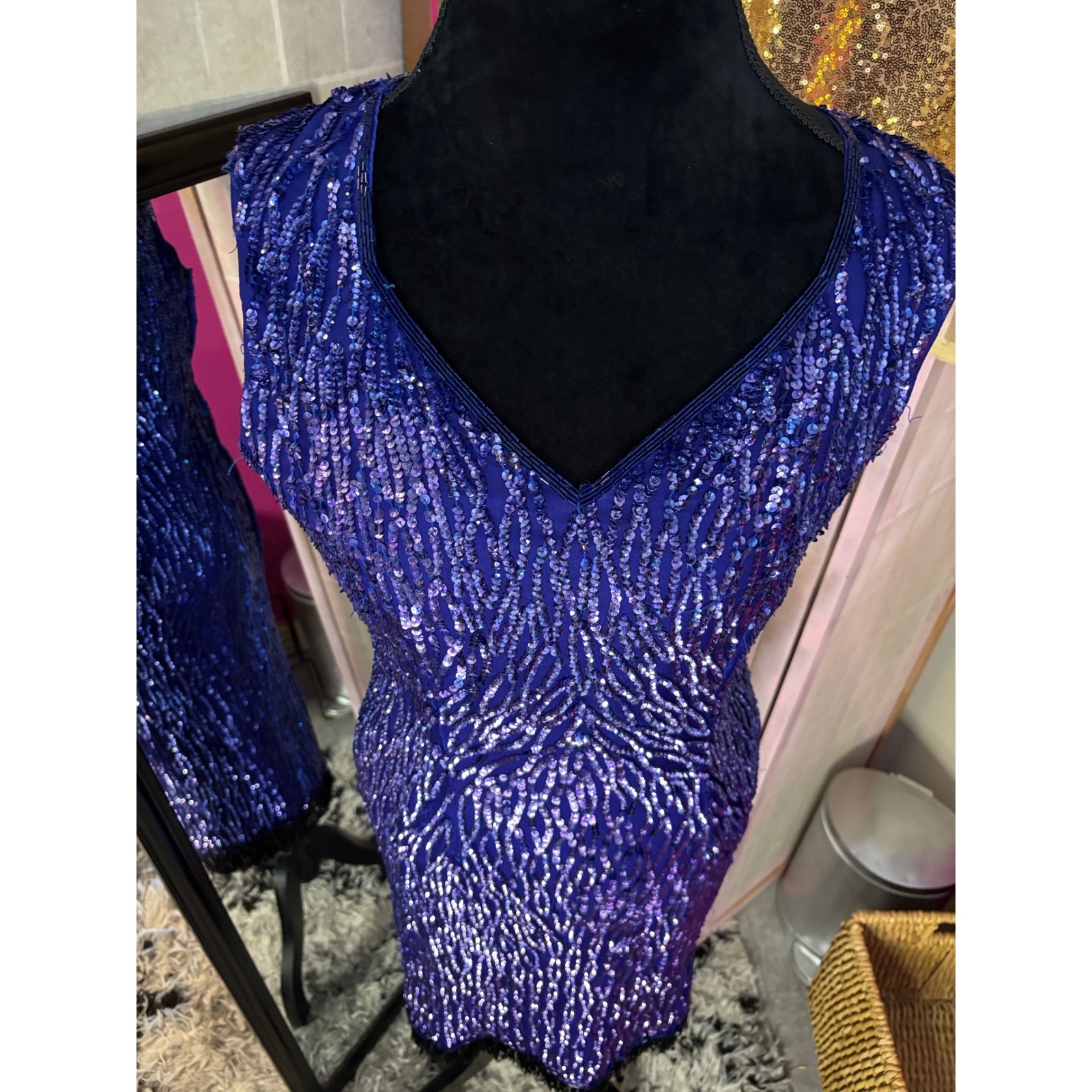 Vintage Blue Sequin Cocktail dress V-Neck Keyhole Back Fringe Hem Sleeveless