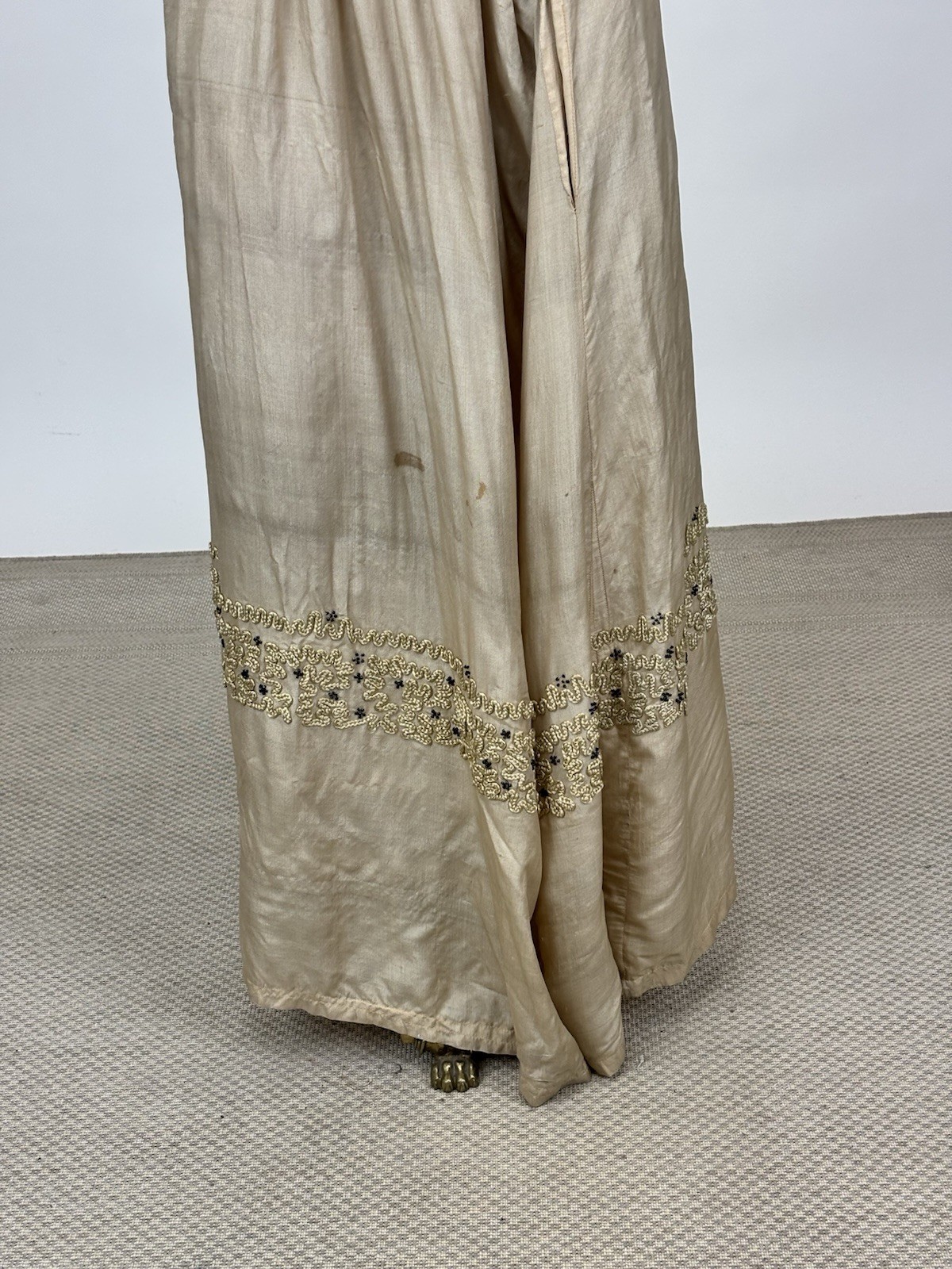 Antique Edwardian 1910s Beige Silk Day Dress Cording Blue Beads Wrap Bodice