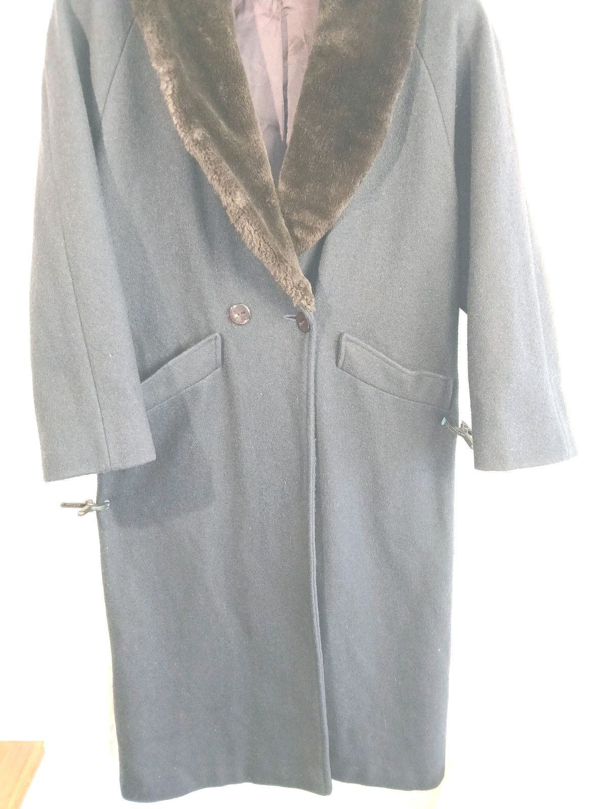Vintage Women’s Dark Blue Wool Coat W Brown Faux Fur Collar Made In Usa, Size 6