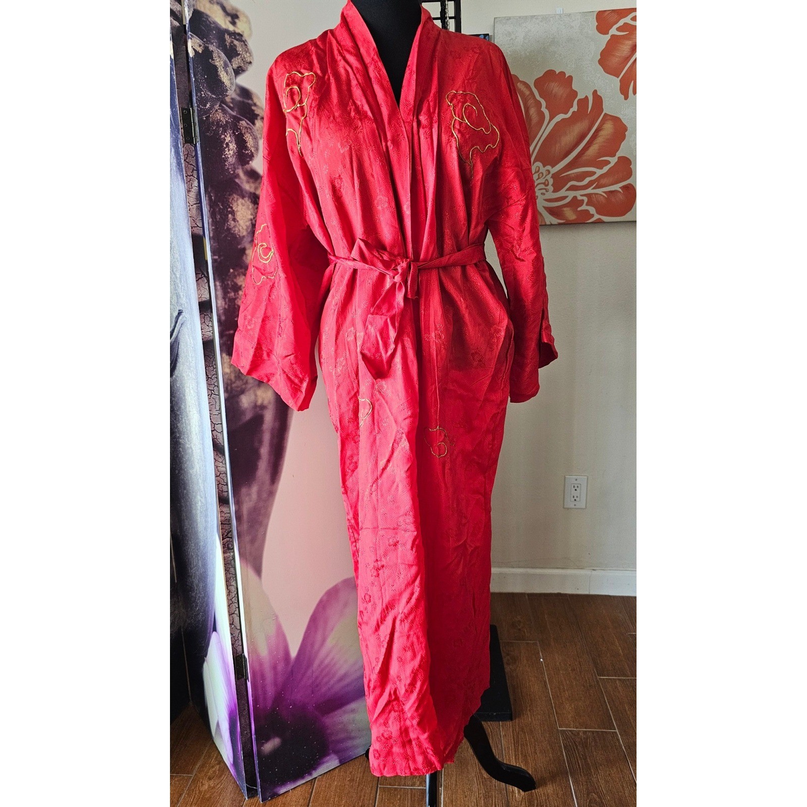 Vintage Red Satin Kimono Robe Gold Dragon Embroidery Long Loungewear Dress