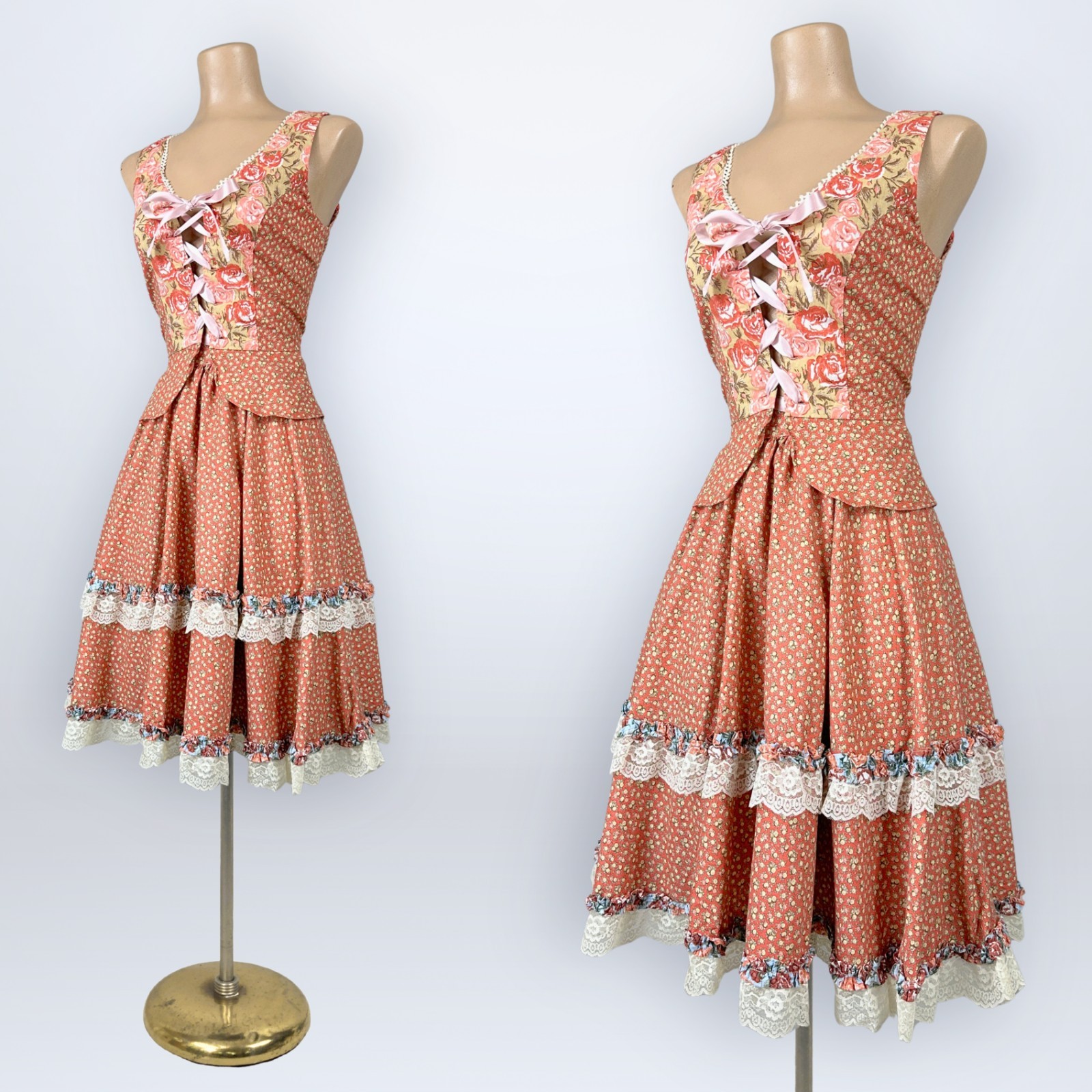 Rare Vintage 1970s Homespun Ltd Two-Piece Corset Top Skirt Set Prairie Calico