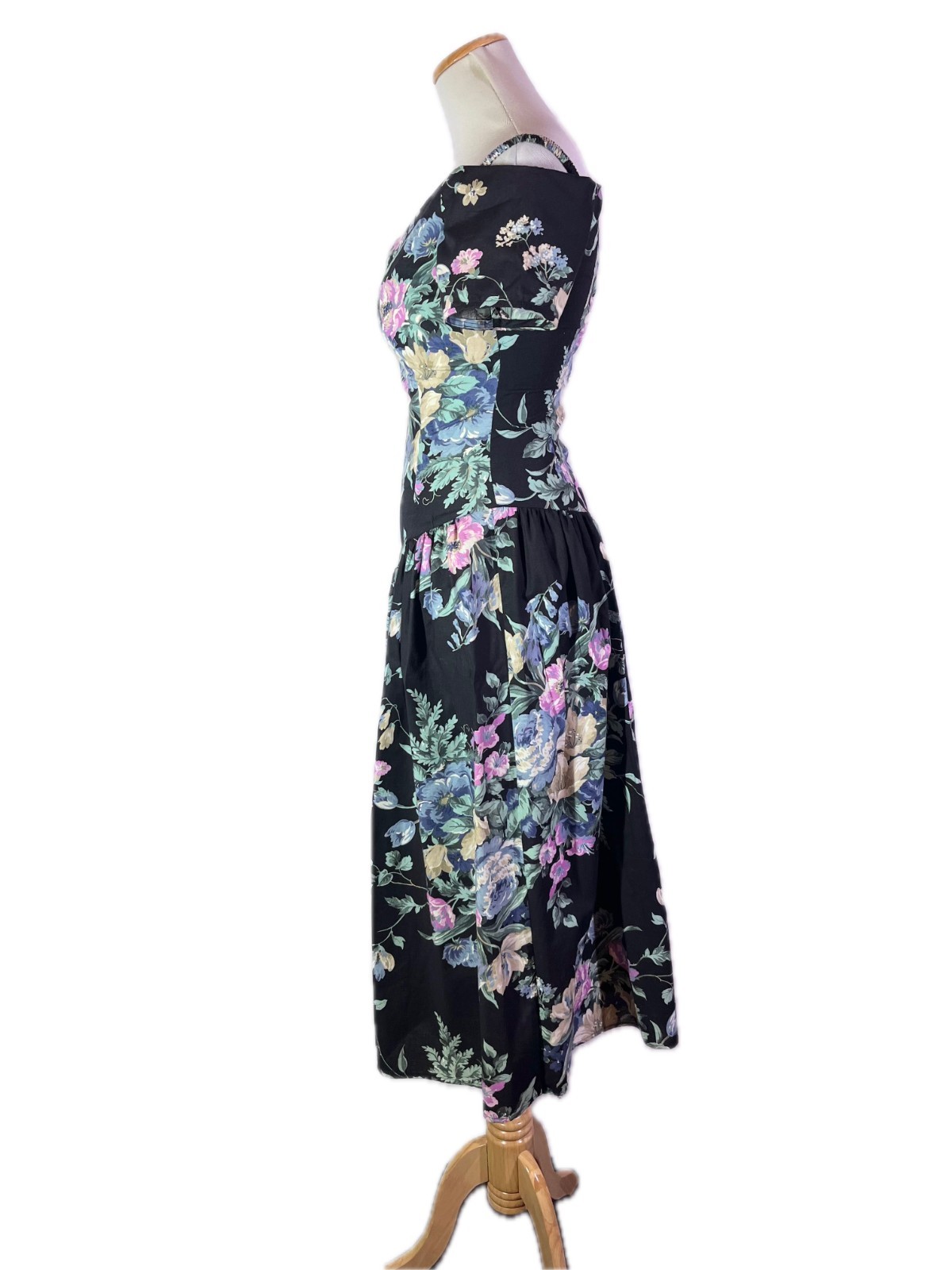 Vintage 1980s Byer Too! Size 5 Black Floral Tea Dress Off-the-Shoulder V-Waist