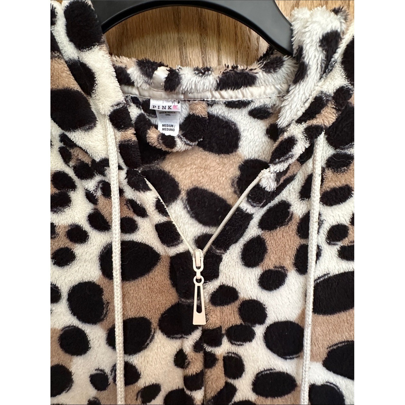 PINK Victoria’s Secret Leopard Print Plush Zip Hoodie Robe- Black, Cream, Tan