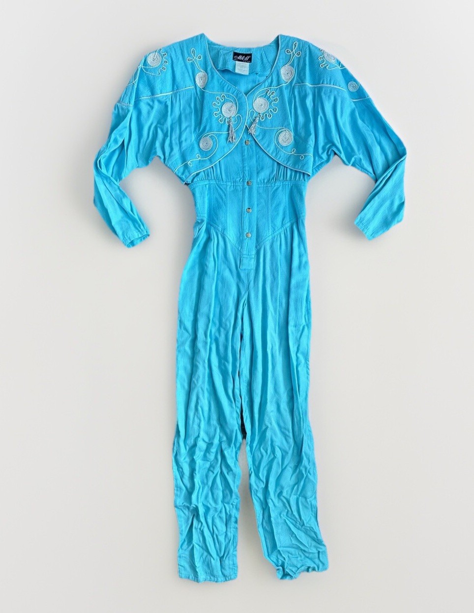 Vintage 80s 90s Teal One Piece Embroidered Tassel Fringe Jumpsuit Jacket Pants