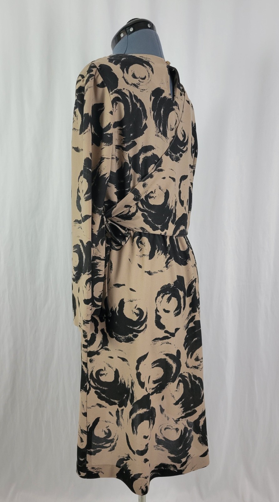 Vintage Marti Petite Brown & Black Blouson Dress w Overlay Wrap Size 16