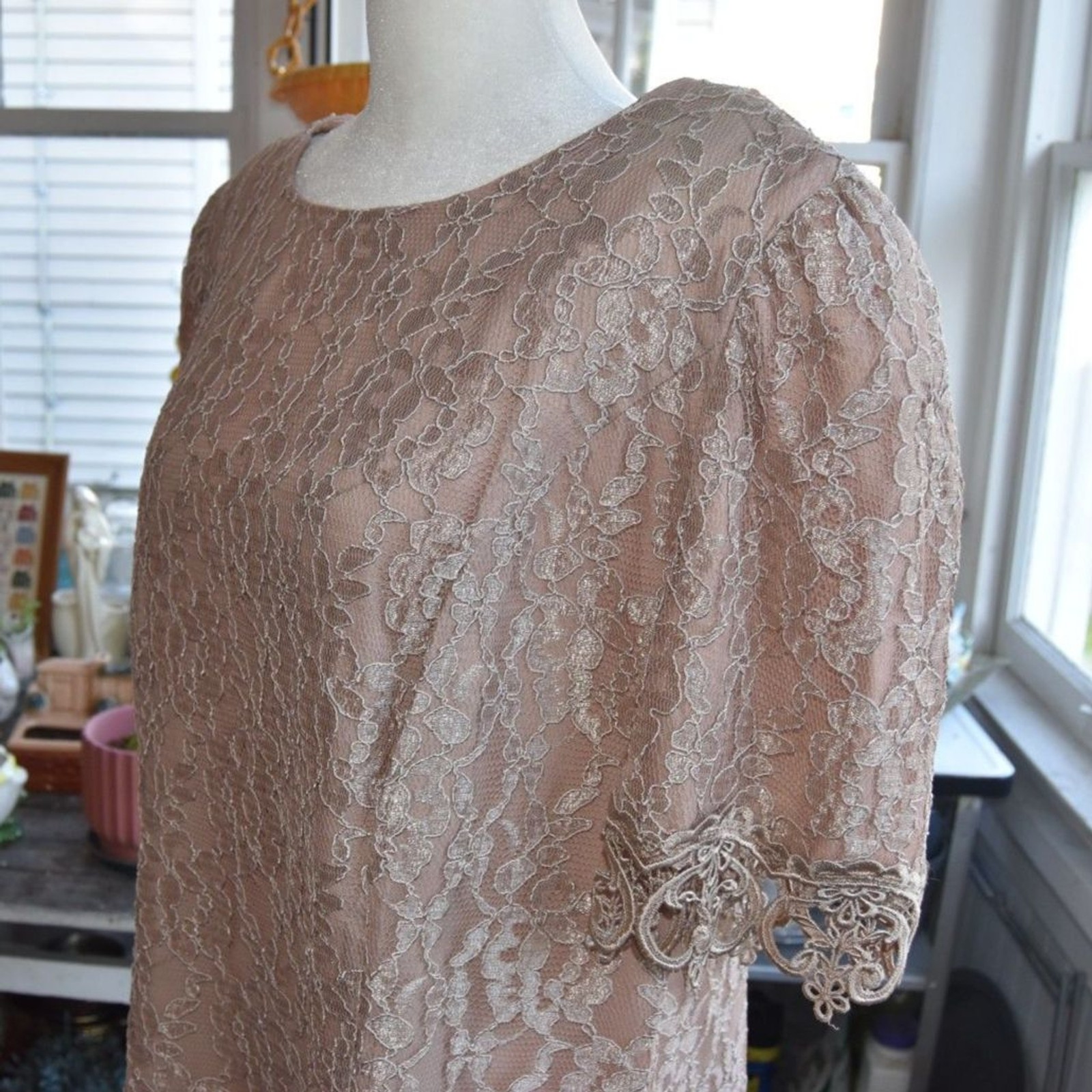 Vintage Cachet Lace Blouse Brown Sheer Evening Top Romantic Boho XL