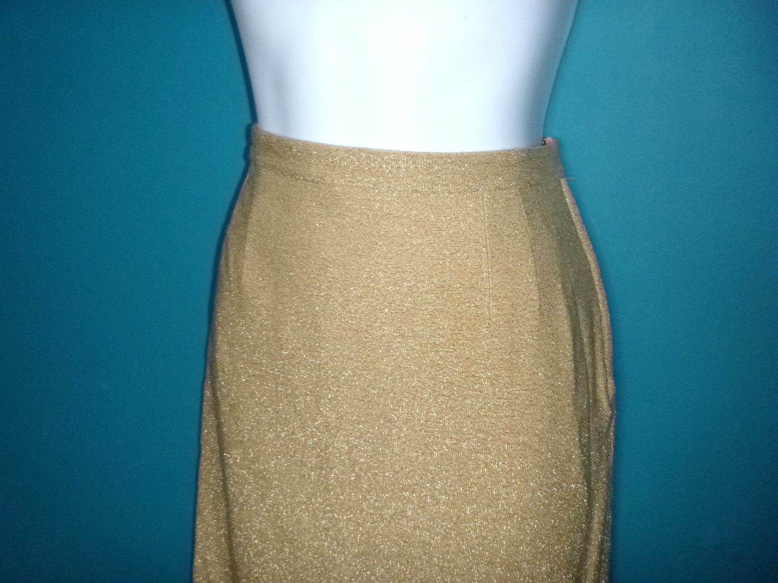 Vtg 60s Gino Paoli 2 Pc Wool Knit Cardigan & Skirt Set Gold metallic Beading S/M