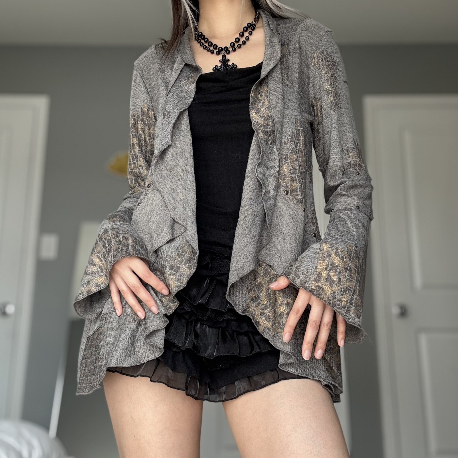 Vintage Mishca Leopard Print Gold Studded Layered Ruffle Cardigan (Women’s M)