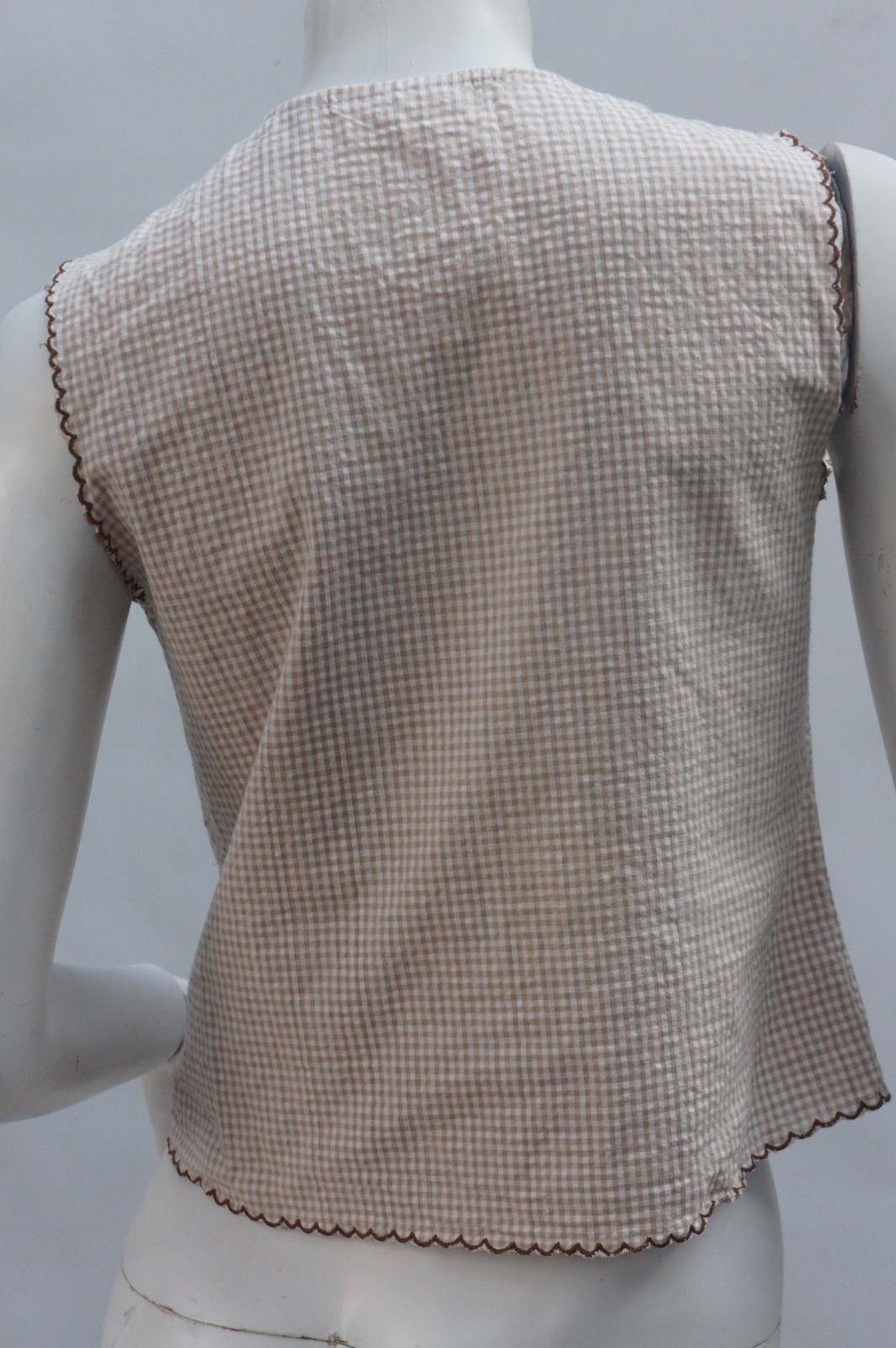 Vintage 90s 50s Style Embroidered Brown and White Gingham Top Sleeveless Blouse