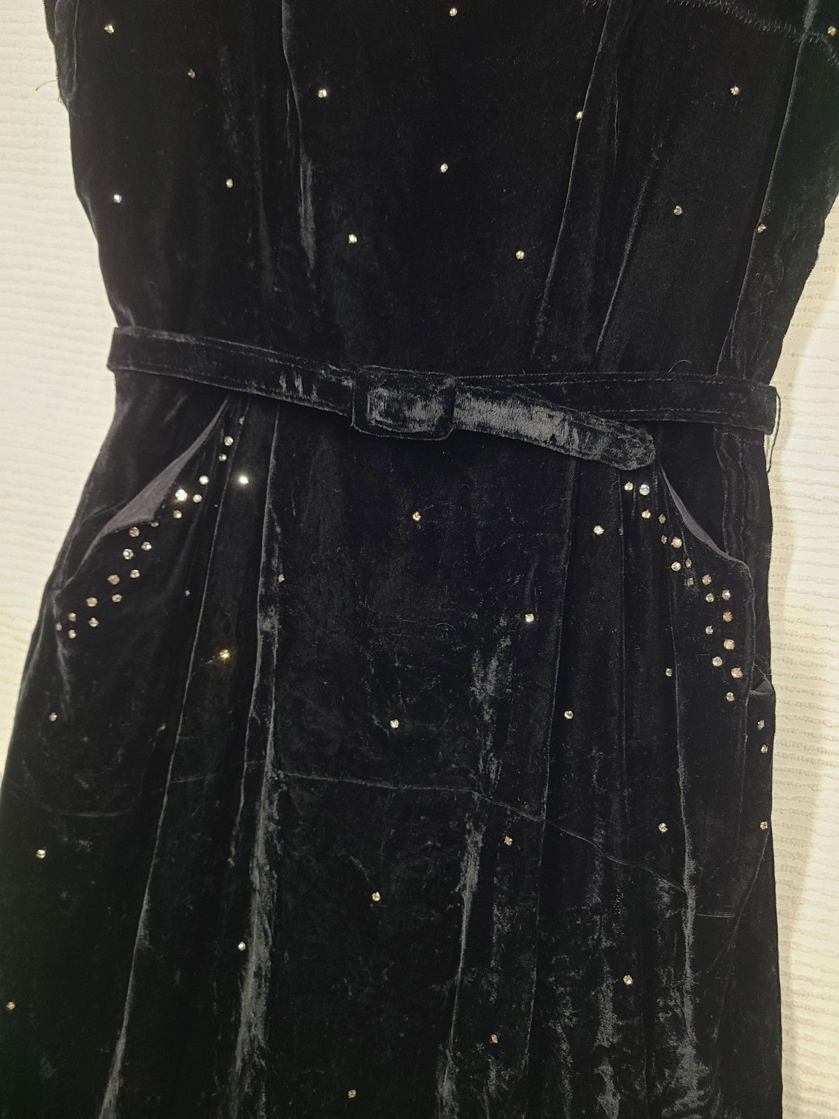Vtg 40s Dress Black Velvet Night Sky Rhinestone wBelt Gloria Swanson Paris AsIs
