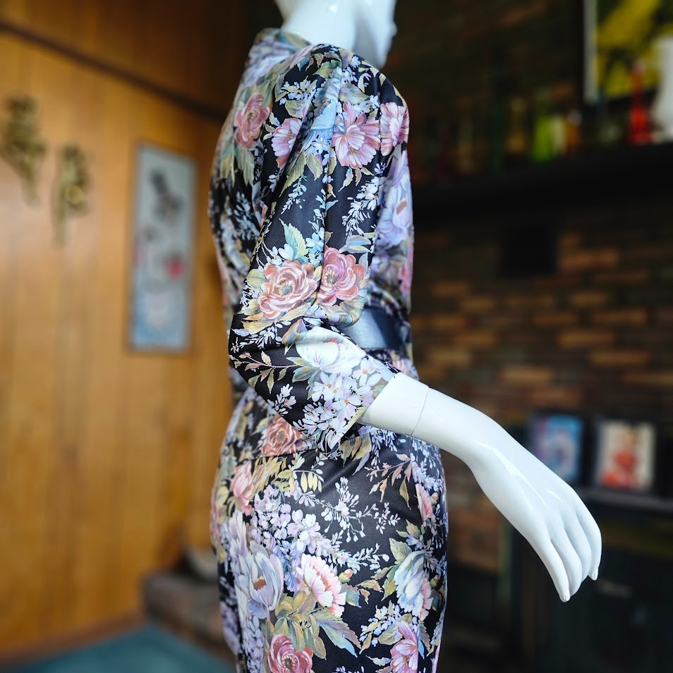 Vtg 80s Romantic Photo Impressionist Floral Surplice Belted Wiggle Day Dress M/L