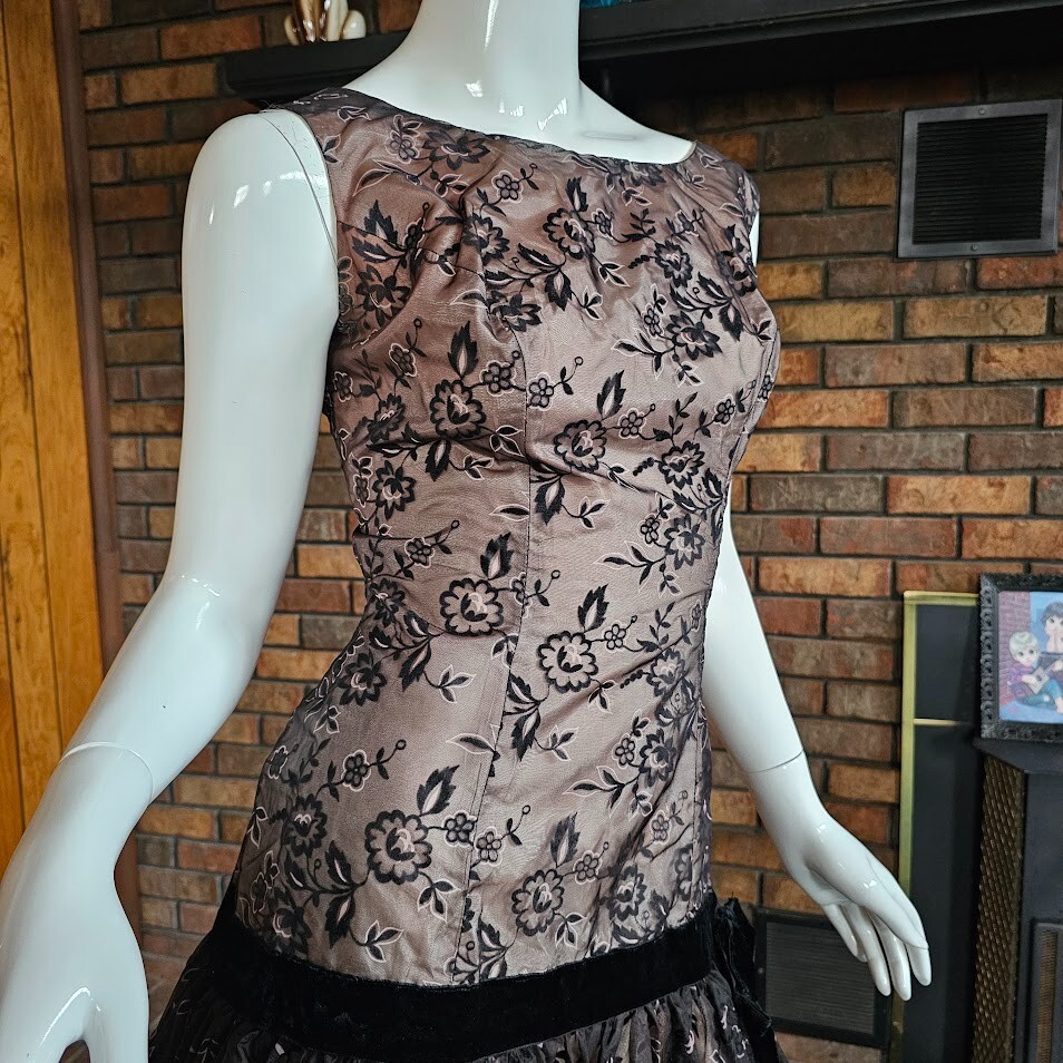 Vtg 50s Flocked Illusion Pink & Black Drop Waist Bubble Prom Cocktail Dress S/M