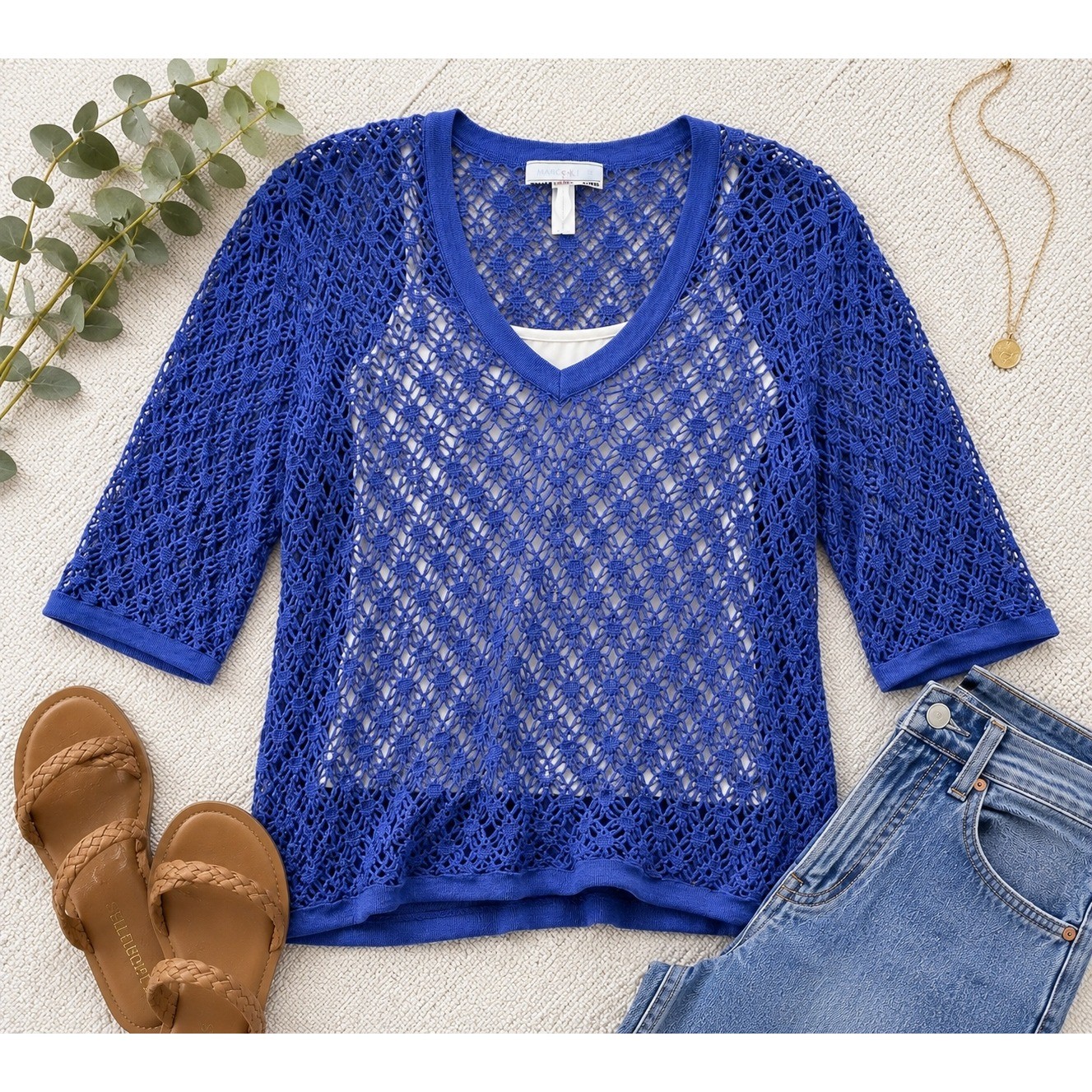 Marcy N’ Me Crochet Sweater Women M Blue Vintage 80s Boho Open Knit V-Neck Artsy