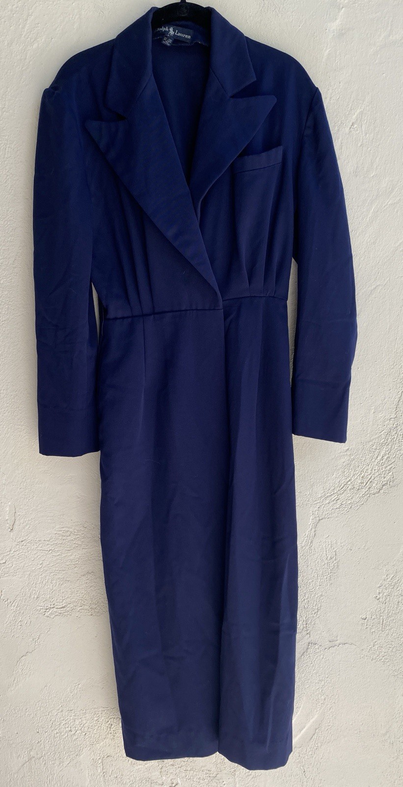 Vintage Ralph Lauren 6 100% Wool Tuxedo Jacket Wrap Dress Blue Midi