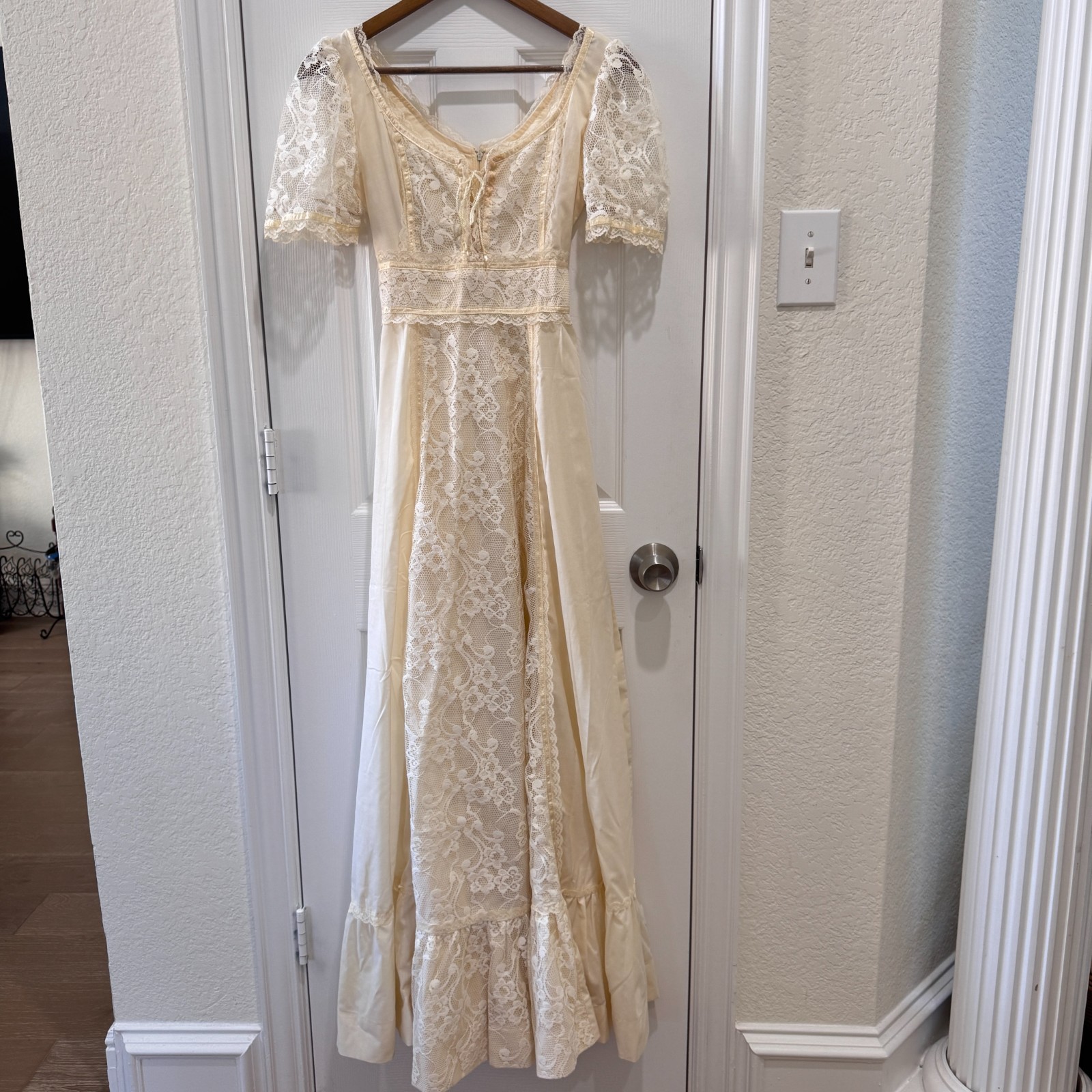 Vintage 70s Ivory Cream Lace Prairie Maxi Dress Size 11 Cottagecore Wedding Boho