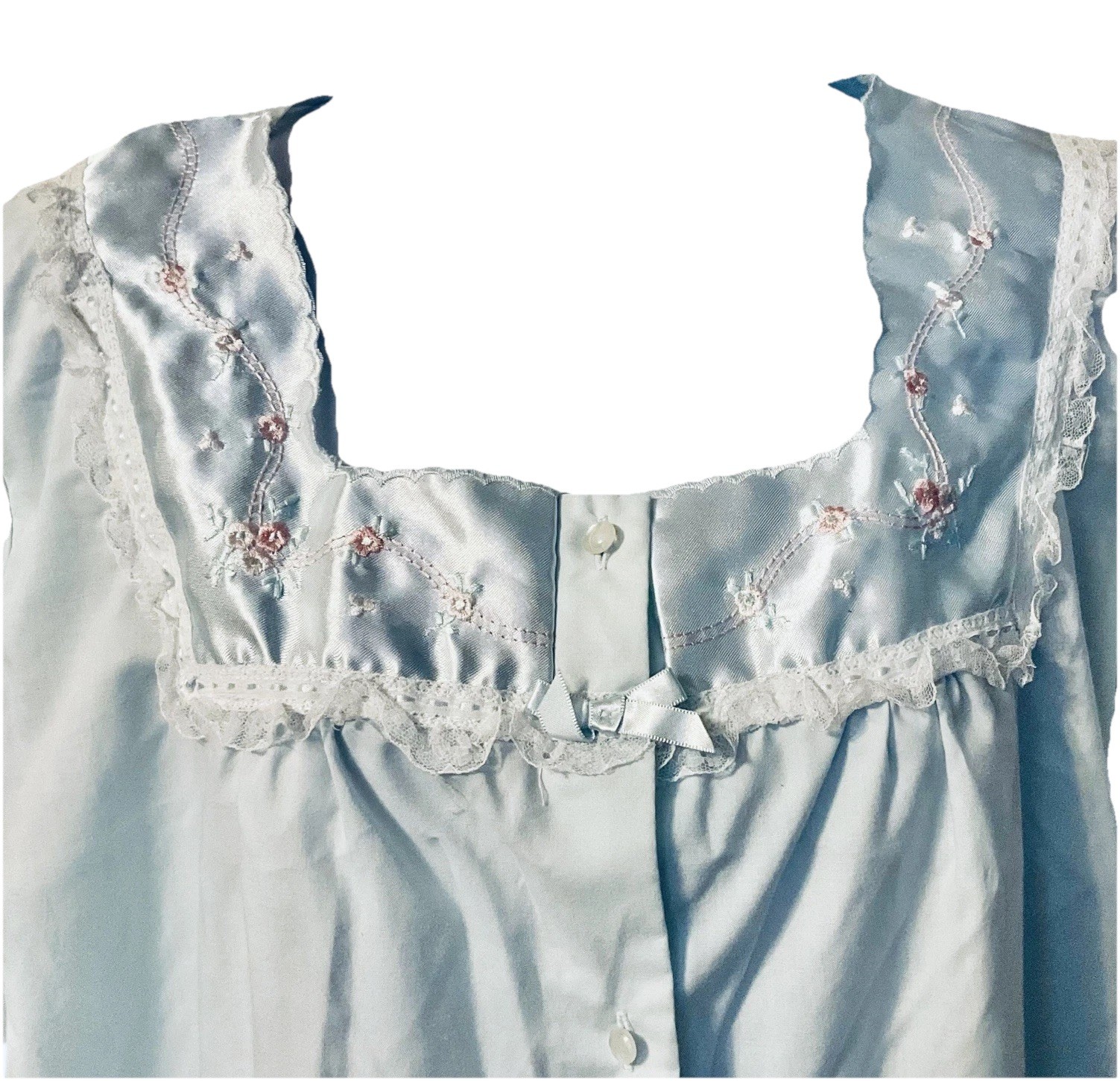 Vintage BARBIZON L Blue Lace Embroidered Satin Bow Pearl Button Pockets Robe