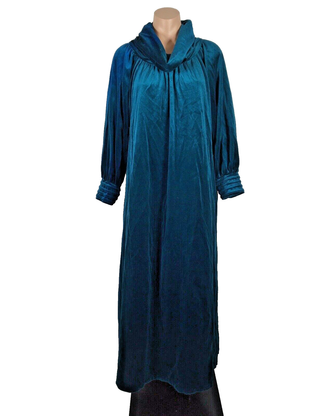 Vintage 80s Gilligan & O’Malley Blue velvet house coat robe Caftan Cowl Neck