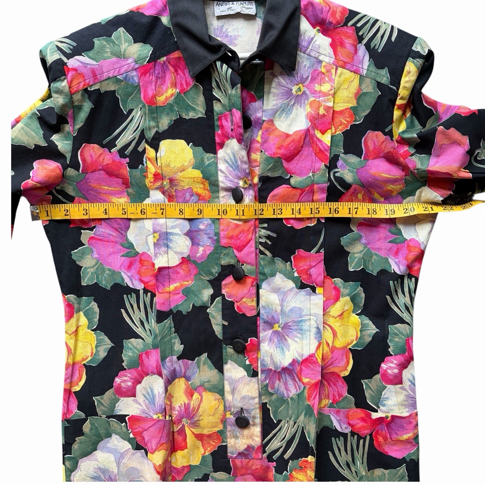 Angela Caputi Vintage Floral Shirt Dress Black Cotton Made in Italy L