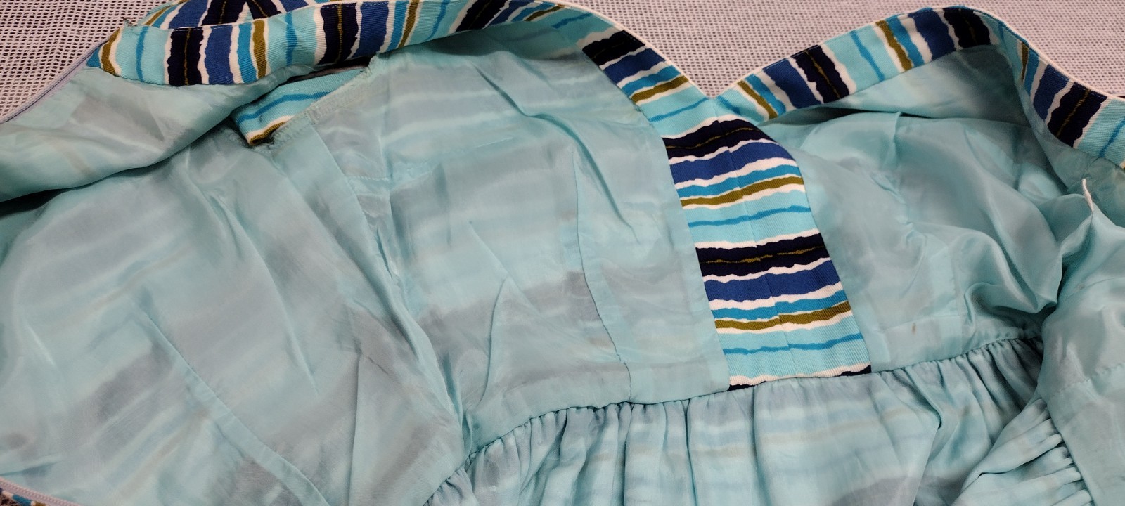 Vintage MCM Papillon Dress Audrey Style Mid Century Stripes Avocado Blue W 24″