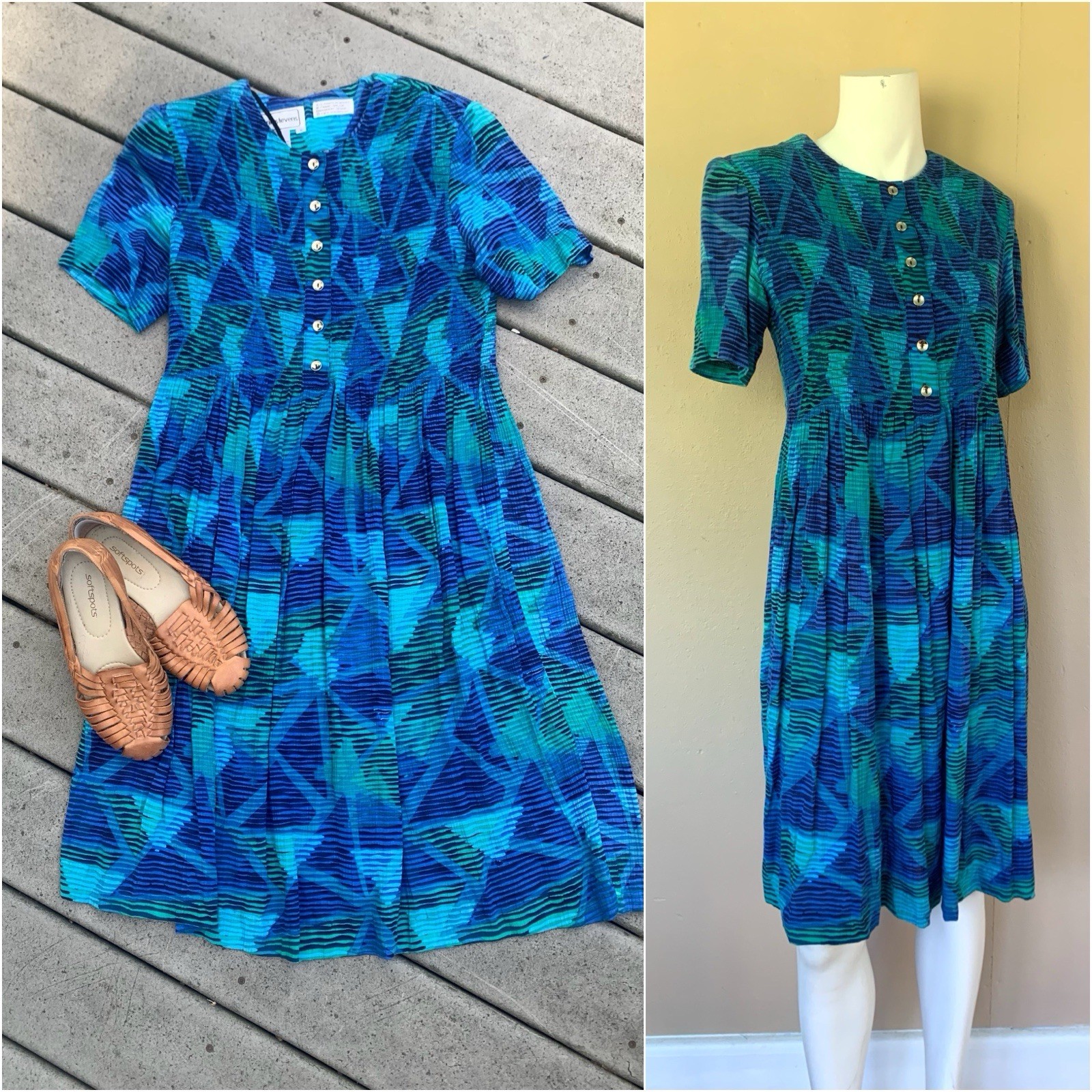 Vintage 90s Short Sleeve Geometric Print Babydoll Midi Dress