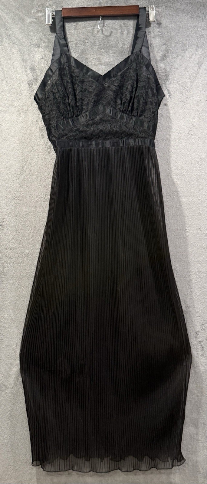 Vintage 40’s Miss Swank Black Nightgown Size 36 Lace Trim Tie Back Sheer Pleated