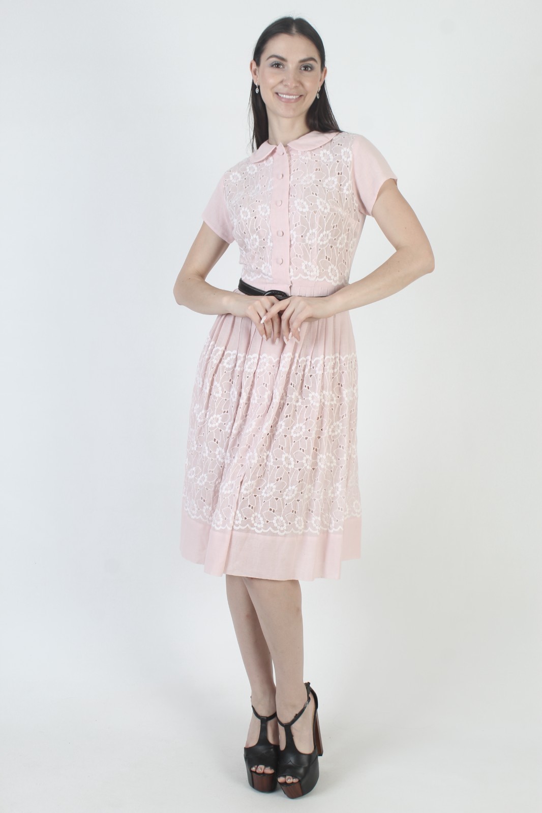 Vintage 50s Light Pink Embroidered Eyelet Dress Cocktail Mid Century MCM Skirt