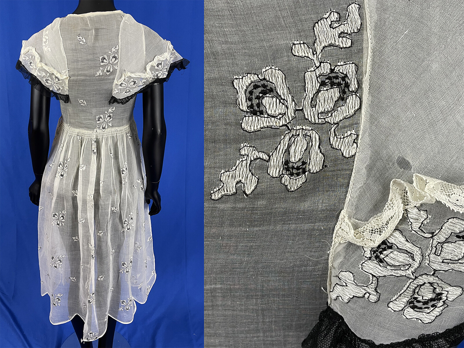 Vintage 1920s White Organdy Organza Black Lace Embroidered Flowers Flounce Dress
