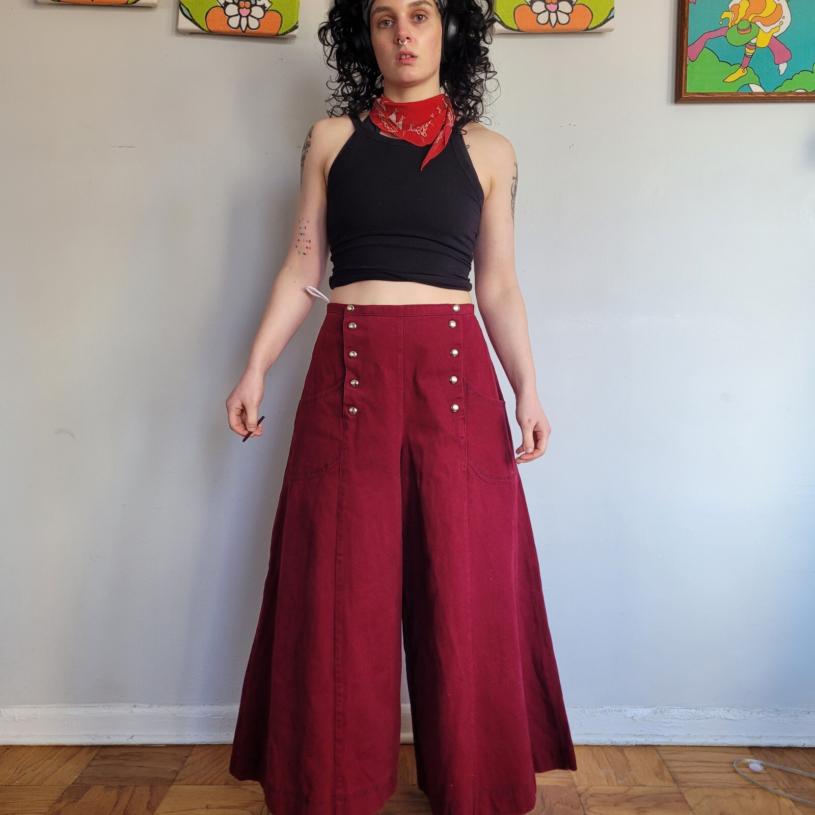 Vintage Maroon Wide Leg Bell Bottom High Waist Pant Hippy Rave 24″ Bell Size 29