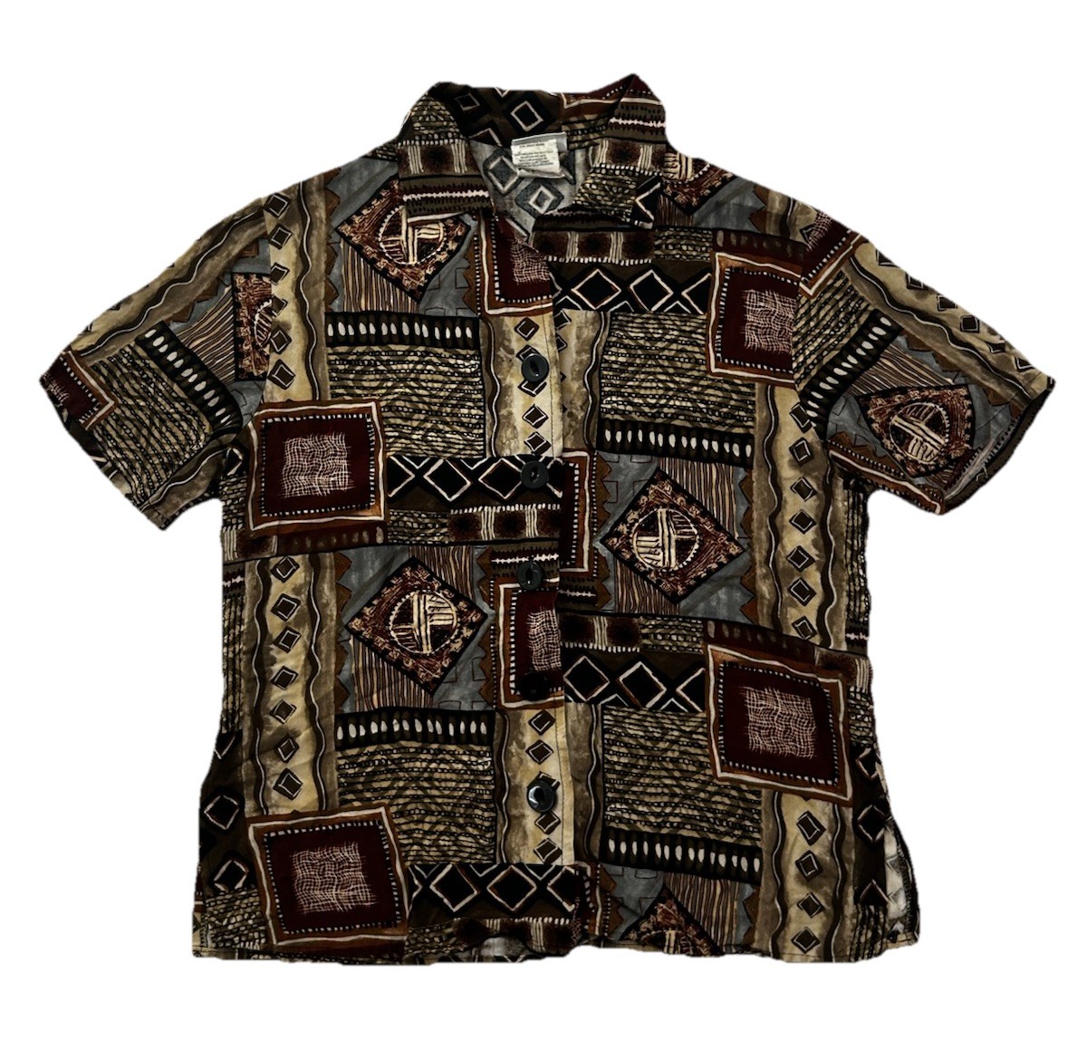 VTG 90s Basic Editions Shirt S Rayon Geometric Tribal Patchwork USA Abstract Art