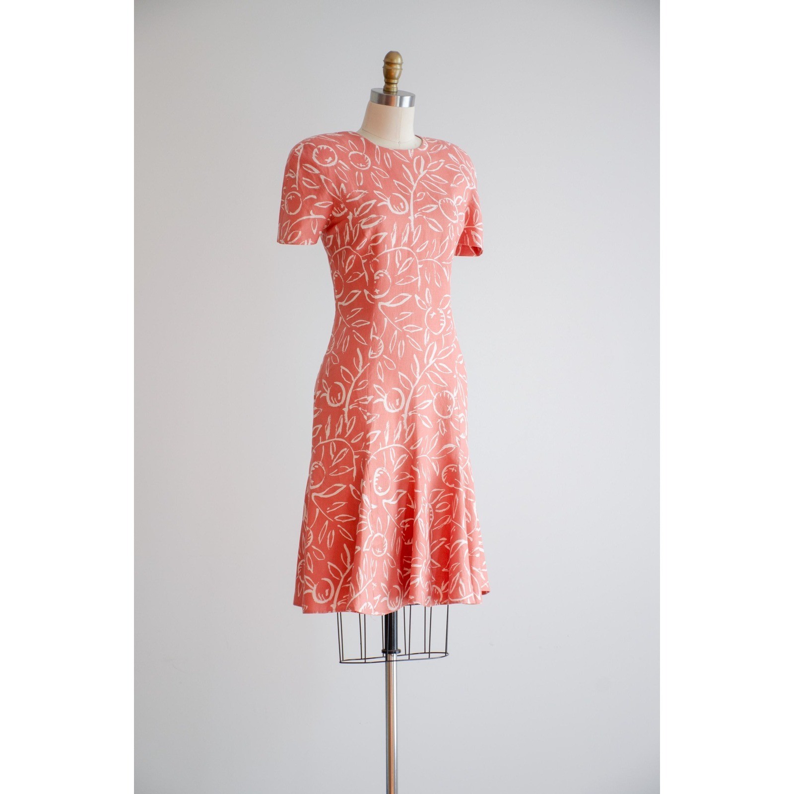 pink linen dress 80s vintage orange terra cotta fruit pattern mini dress