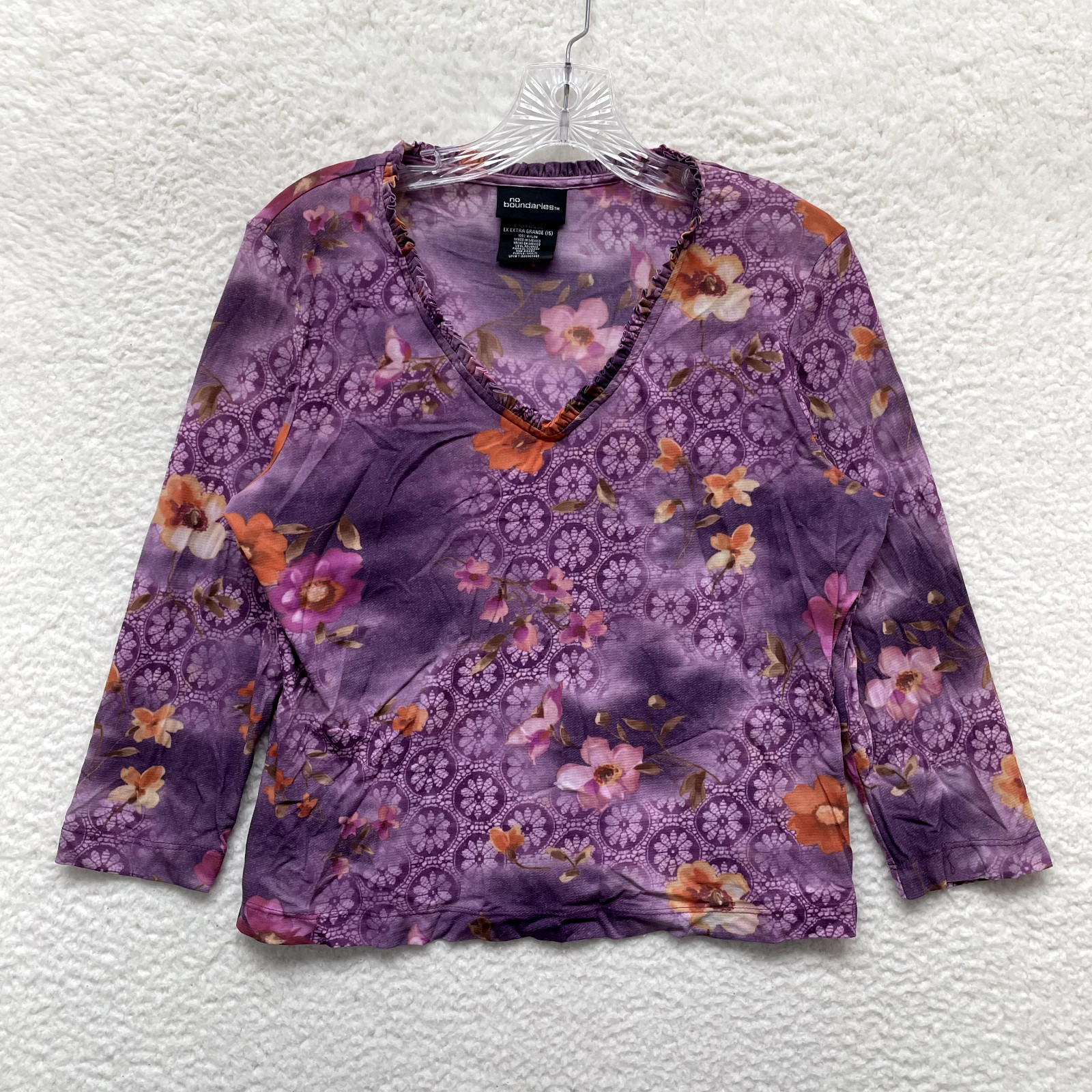 Y2K Vintage No Boundaries Top XL Purple Floral Mesh Boho Fairy Grunge Whimsigoth