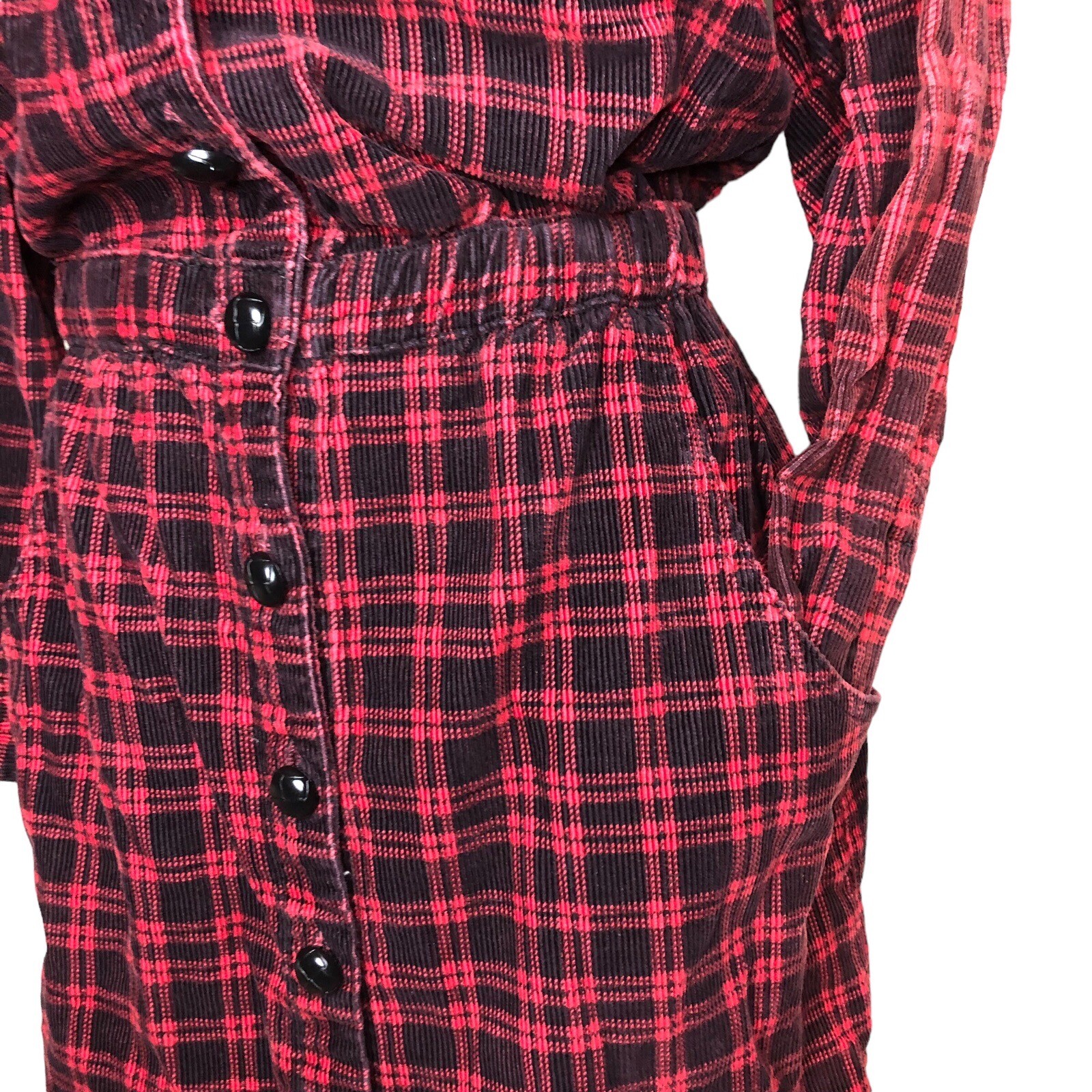 Vintage Fads Red Black Cottagecore Soft Cotton Corduroy Shirt Dress Size 12